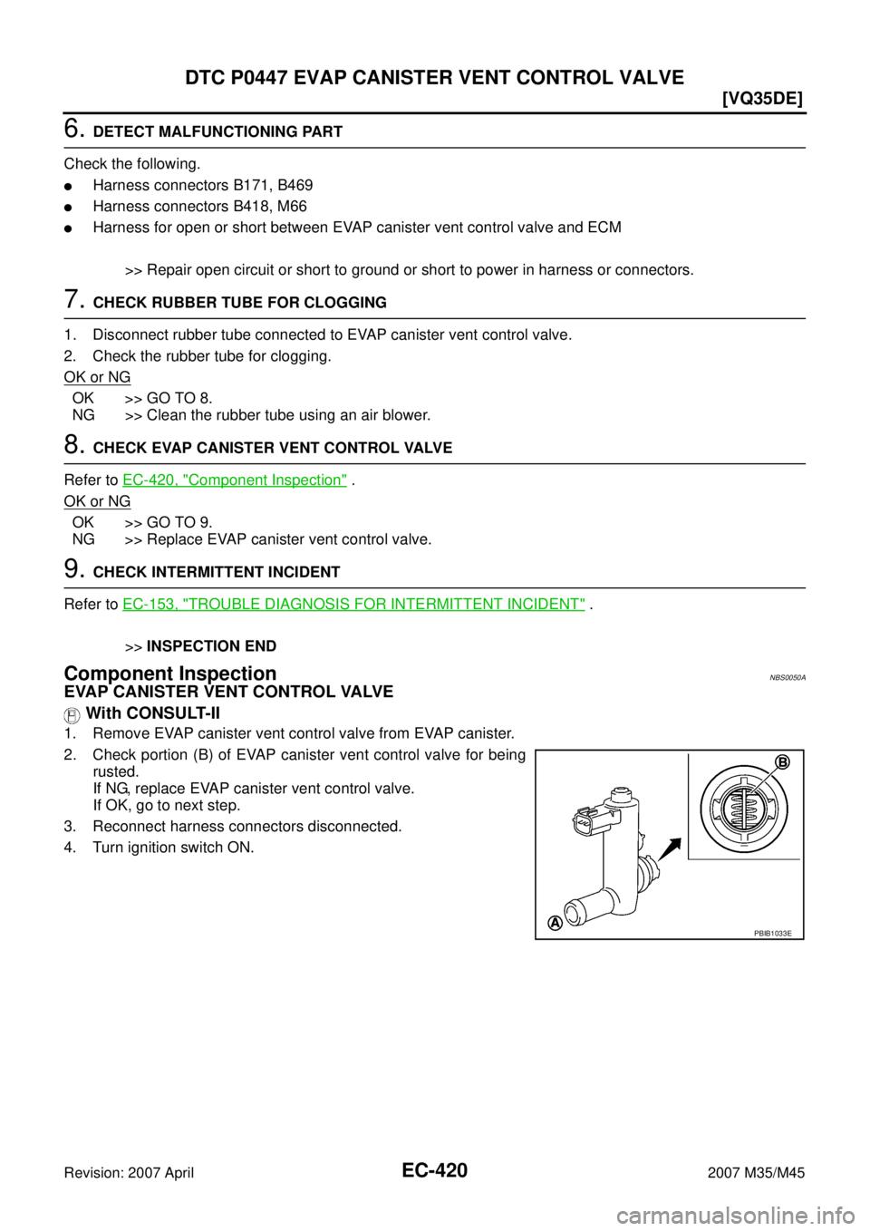 INFINITI M35 2007  Factory Service Manual EC-420
[VQ35DE]
DTC P0447 EVAP CANISTER VENT CONTROL VALVE
Revision: 2007 April2007 M35/M45
6. DETECT MALFUNCTIONING PART
Check the following.
Harness connectors B171, B469
Harness connectors B418, 