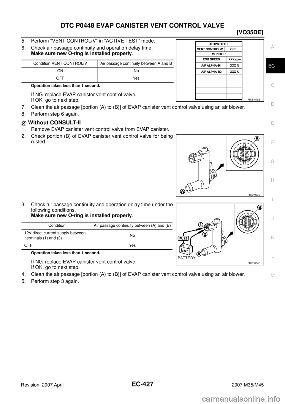 INFINITI M35 2007  Factory Service Manual DTC P0448 EVAP CANISTER VENT CONTROL VALVE
EC-427
[VQ35DE]
C
D
E
F
G
H
I
J
K
L
MA
EC
Revision: 2007 April2007 M35/M45
5. Perform “VENT CONTROL/V” in “ACTIVE TEST” mode.
6. Check air passage co