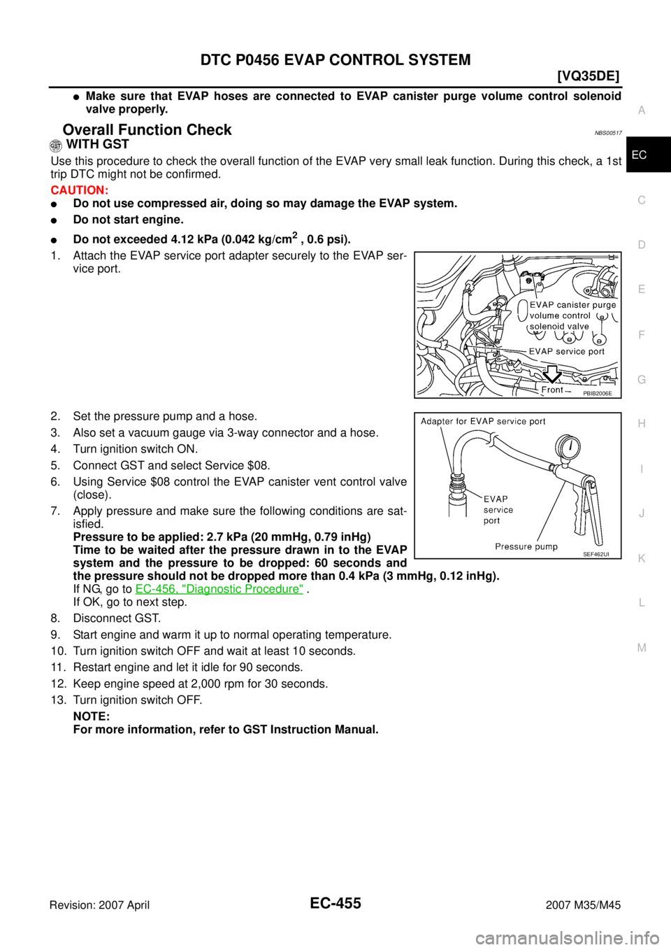 INFINITI M35 2007  Factory Service Manual DTC P0456 EVAP CONTROL SYSTEM
EC-455
[VQ35DE]
C
D
E
F
G
H
I
J
K
L
MA
EC
Revision: 2007 April2007 M35/M45
Make sure that EVAP hoses are connected to EVAP canister purge volume control solenoid
valve p