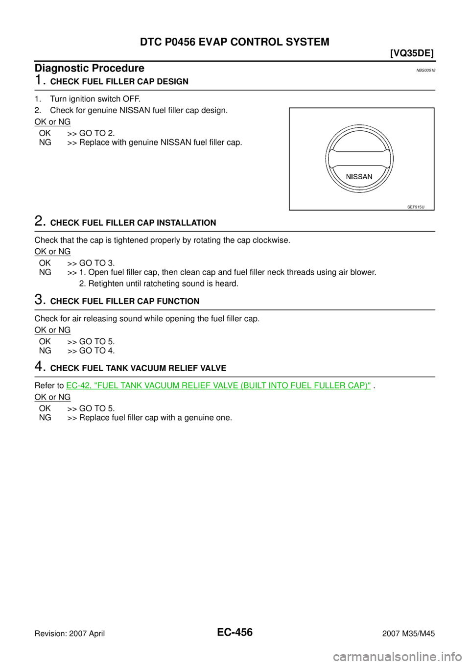 INFINITI M35 2007  Factory Service Manual EC-456
[VQ35DE]
DTC P0456 EVAP CONTROL SYSTEM
Revision: 2007 April2007 M35/M45
Diagnostic ProcedureNBS00518
1. CHECK FUEL FILLER CAP DESIGN
1. Turn ignition switch OFF.
2. Check for genuine NISSAN fue