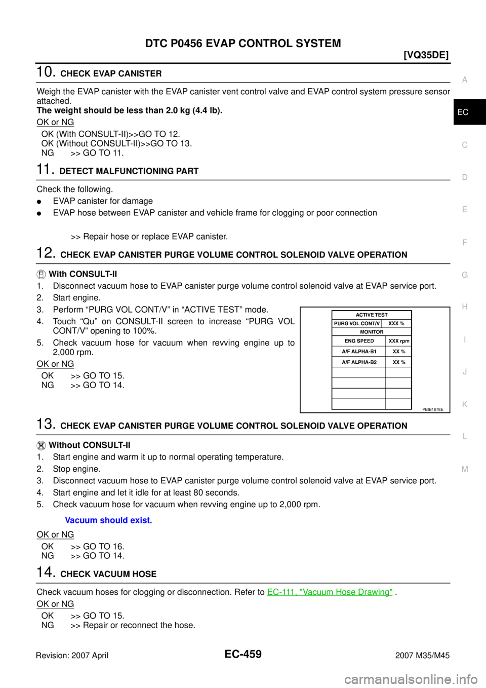 INFINITI M35 2007  Factory Service Manual DTC P0456 EVAP CONTROL SYSTEM
EC-459
[VQ35DE]
C
D
E
F
G
H
I
J
K
L
MA
EC
Revision: 2007 April2007 M35/M45
10. CHECK EVAP CANISTER
Weigh the EVAP canister with the EVAP canister vent control valve and E