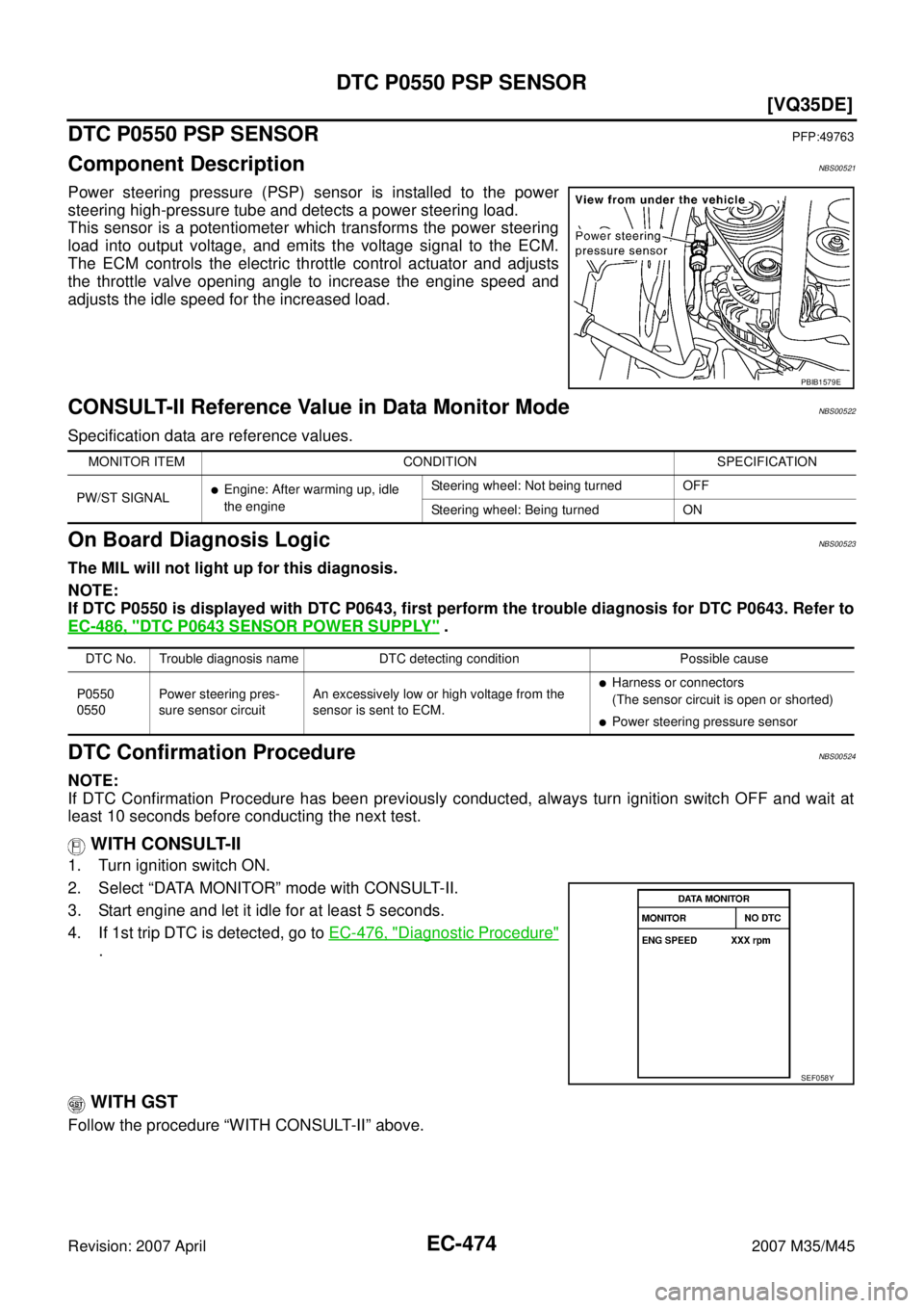 INFINITI M35 2007  Factory Service Manual EC-474
[VQ35DE]
DTC P0550 PSP SENSOR
Revision: 2007 April2007 M35/M45
DTC P0550 PSP SENSORPFP:49763
Component DescriptionNBS00521
Power steering pressure (PSP) sensor is installed to the power
steerin