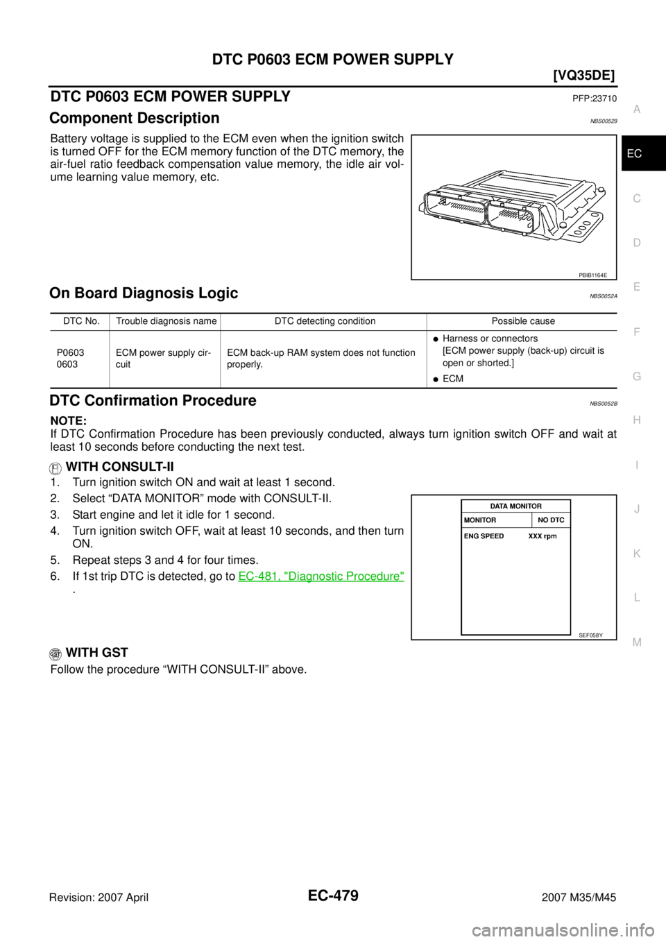 INFINITI M35 2007  Factory Service Manual DTC P0603 ECM POWER SUPPLY
EC-479
[VQ35DE]
C
D
E
F
G
H
I
J
K
L
MA
EC
Revision: 2007 April2007 M35/M45
DTC P0603 ECM POWER SUPPLYPFP:23710
Component DescriptionNBS00529
Battery voltage is supplied to t