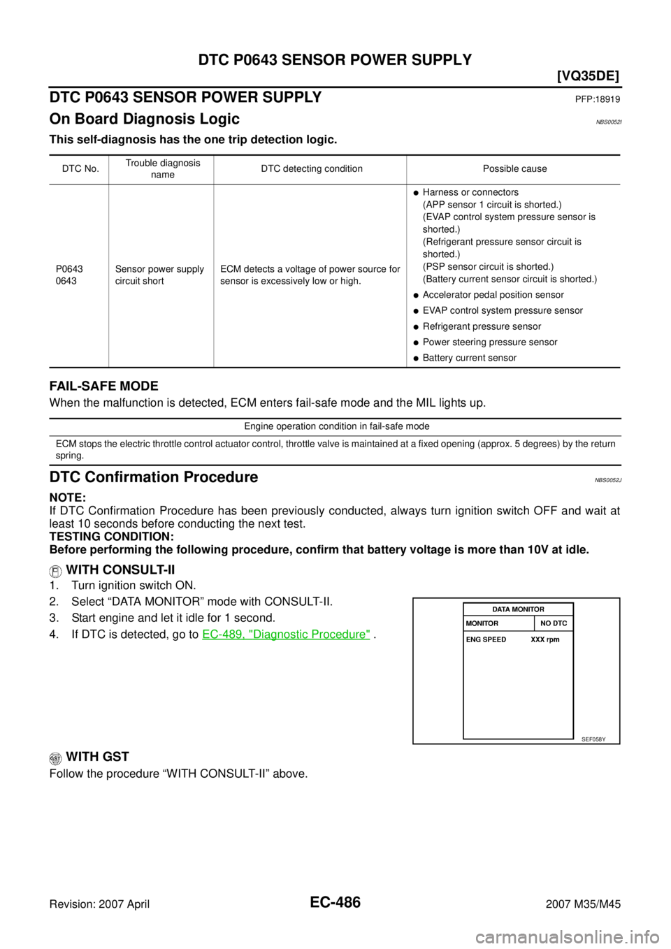 INFINITI M35 2007  Factory Service Manual EC-486
[VQ35DE]
DTC P0643 SENSOR POWER SUPPLY
Revision: 2007 April2007 M35/M45
DTC P0643 SENSOR POWER SUPPLYPFP:18919
On Board Diagnosis LogicNBS0052I
This self-diagnosis has the one trip detection lo