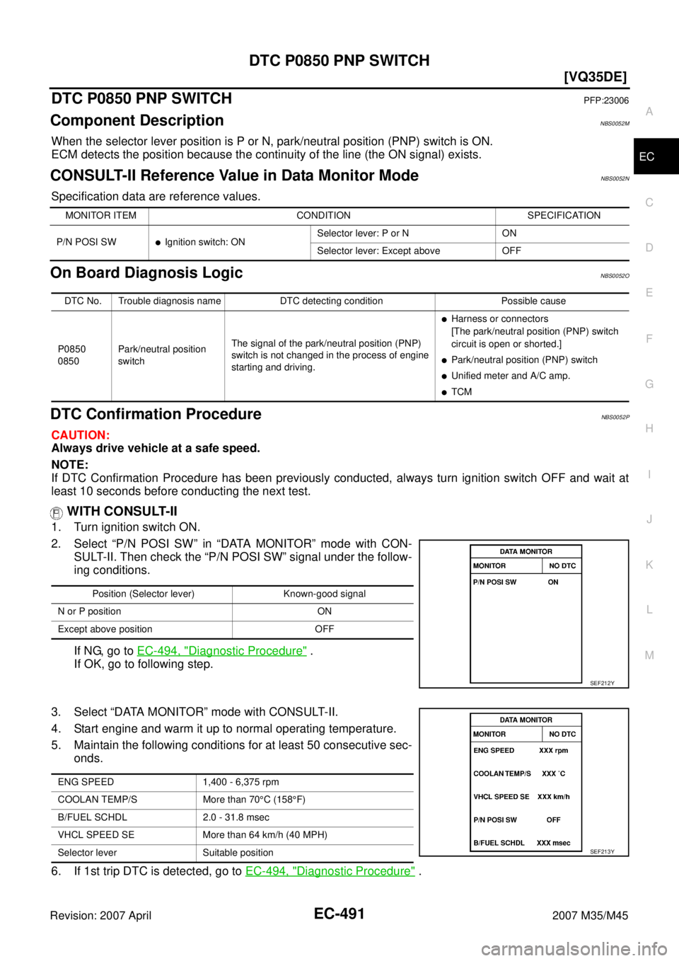 INFINITI M35 2007  Factory Service Manual DTC P0850 PNP SWITCH
EC-491
[VQ35DE]
C
D
E
F
G
H
I
J
K
L
MA
EC
Revision: 2007 April2007 M35/M45
DTC P0850 PNP SWITCHPFP:23006
Component DescriptionNBS0052M
When the selector lever position is P or N, 