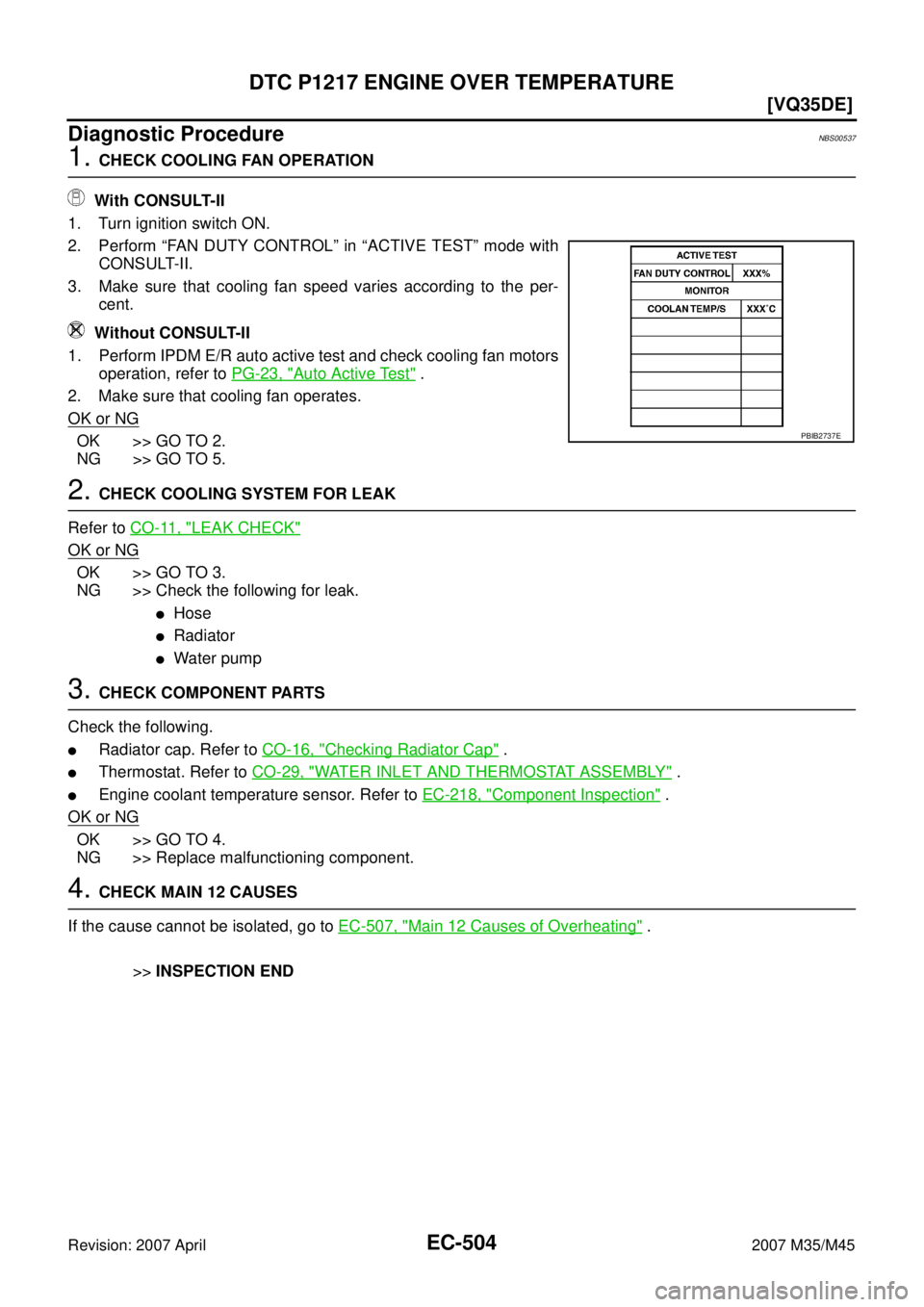 INFINITI M35 2007  Factory Service Manual EC-504
[VQ35DE]
DTC P1217 ENGINE OVER TEMPERATURE
Revision: 2007 April2007 M35/M45
Diagnostic ProcedureNBS00537
1. CHECK COOLING FAN OPERATION
 With CONSULT-II
1. Turn ignition switch ON.
2. Perform 