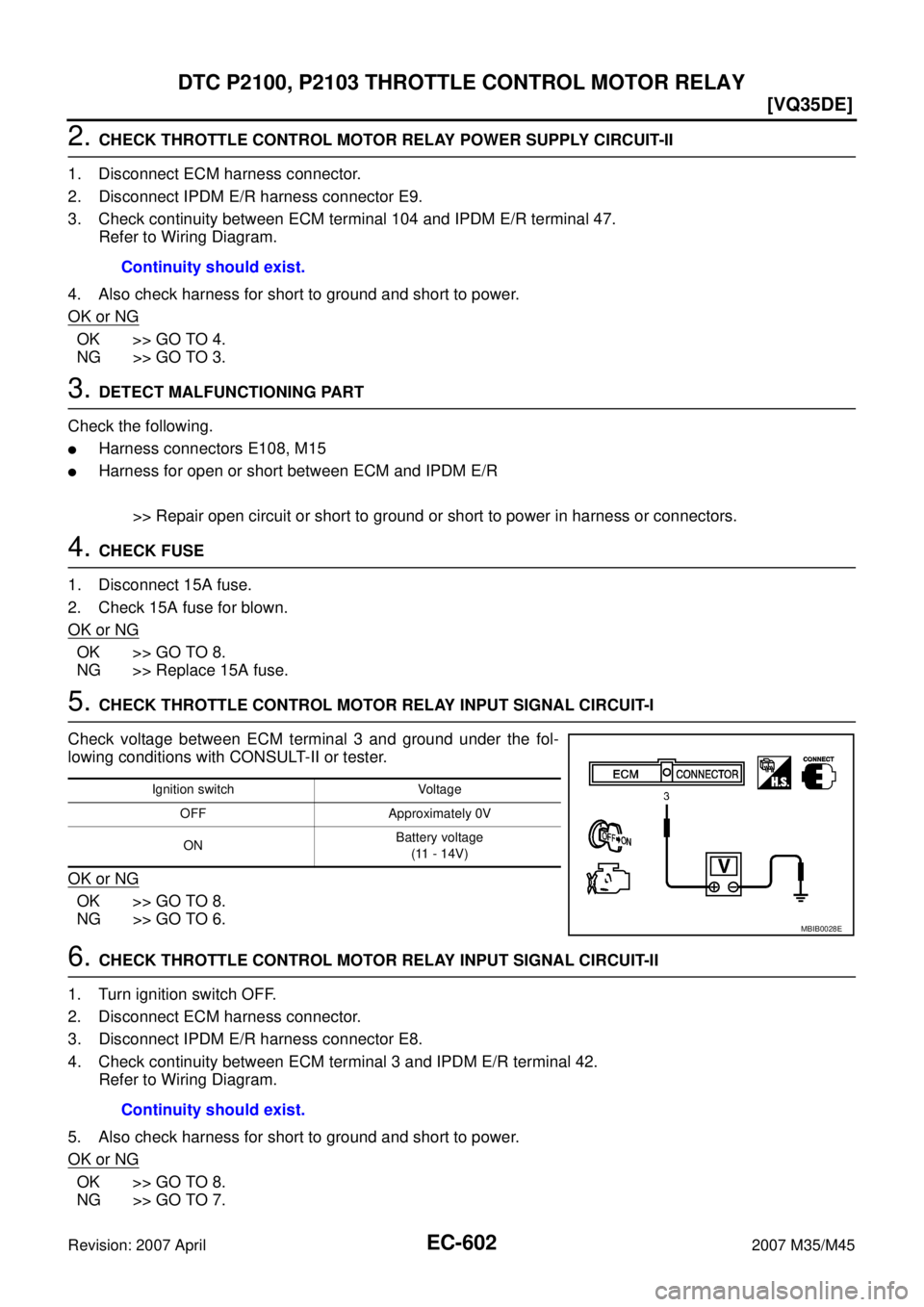 INFINITI M35 2007  Factory Service Manual EC-602
[VQ35DE]
DTC P2100, P2103 THROTTLE CONTROL MOTOR RELAY
Revision: 2007 April2007 M35/M45
2. CHECK THROTTLE CONTROL MOTOR RELAY POWER SUPPLY CIRCUIT-II
1. Disconnect ECM harness connector.
2. Dis