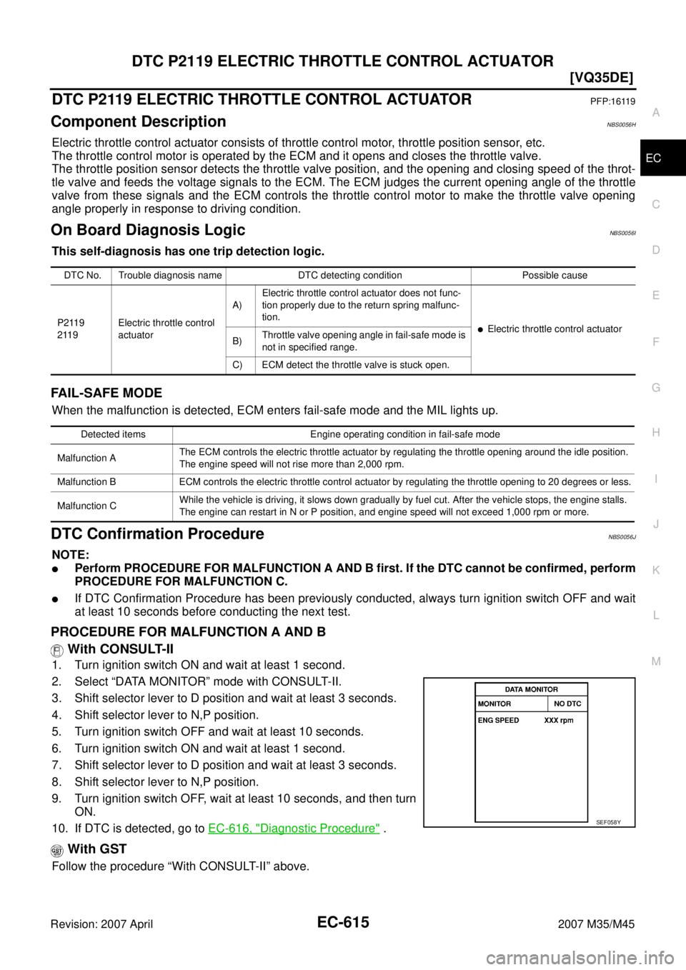 INFINITI M35 2007  Factory Service Manual DTC P2119 ELECTRIC THROTTLE CONTROL ACTUATOR
EC-615
[VQ35DE]
C
D
E
F
G
H
I
J
K
L
MA
EC
Revision: 2007 April2007 M35/M45
DTC P2119 ELECTRIC THROTTLE CONTROL ACTUATORPFP:16119
Component DescriptionNBS00