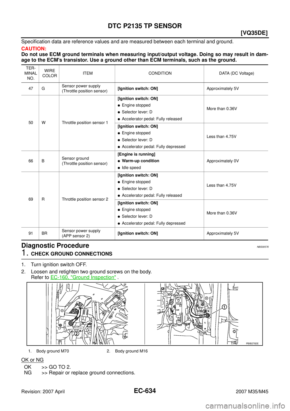 INFINITI M35 2007  Factory Service Manual EC-634
[VQ35DE]
DTC P2135 TP SENSOR
Revision: 2007 April2007 M35/M45
Specification data are reference values and are measured between each terminal and ground.
CAUTION:
Do not use ECM ground terminals