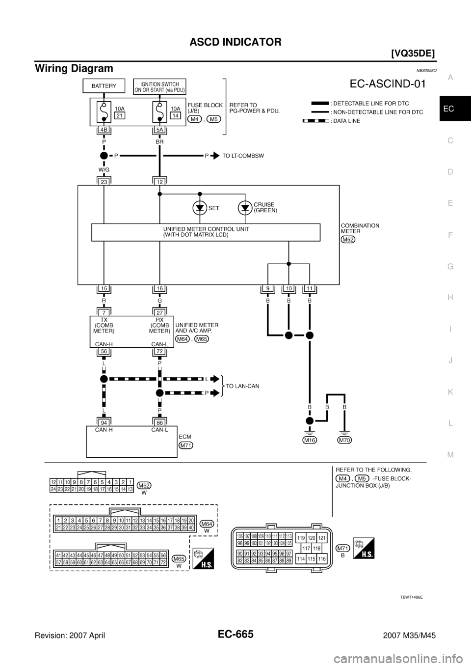 INFINITI M35 2007  Factory Service Manual ASCD INDICATOR
EC-665
[VQ35DE]
C
D
E
F
G
H
I
J
K
L
MA
EC
Revision: 2007 April2007 M35/M45
Wiring DiagramNBS0058O
TBWT1486E 