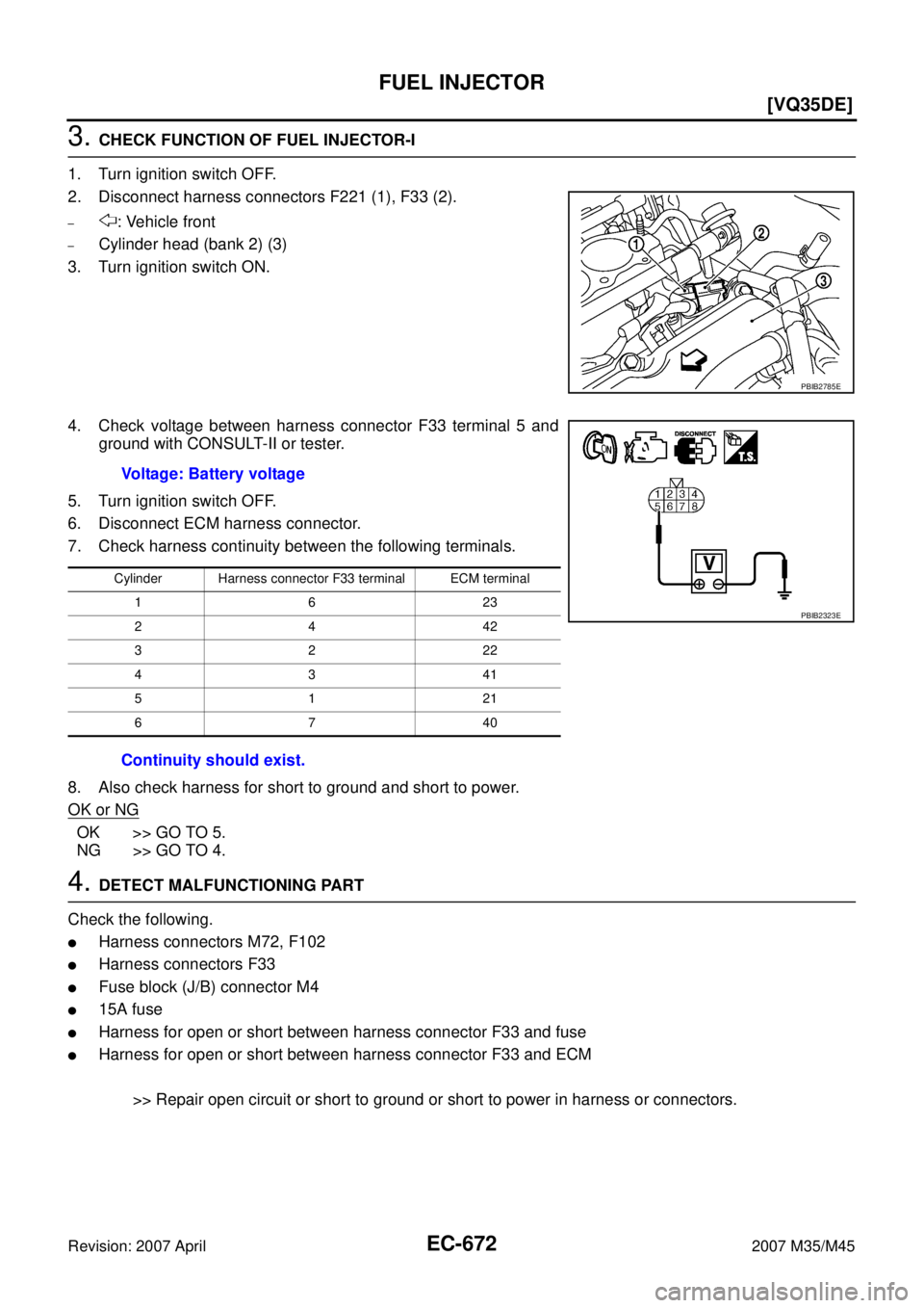 INFINITI M35 2007  Factory Service Manual EC-672
[VQ35DE]
FUEL INJECTOR
Revision: 2007 April2007 M35/M45
3. CHECK FUNCTION OF FUEL INJECTOR-I
1. Turn ignition switch OFF.
2. Disconnect harness connectors F221 (1), F33 (2).
–: Vehicle front 