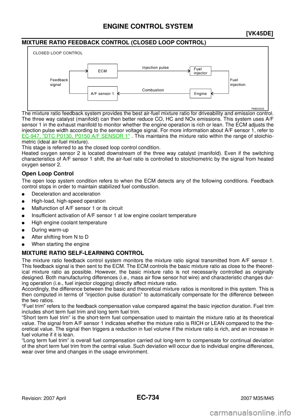 INFINITI M35 2007  Factory Service Manual EC-734
[VK45DE]
ENGINE CONTROL SYSTEM
Revision: 2007 April2007 M35/M45
MIXTURE RATIO FEEDBACK CONTROL (CLOSED LOOP CONTROL)
The mixture ratio feedback system provides the best air-fuel mixture ratio f