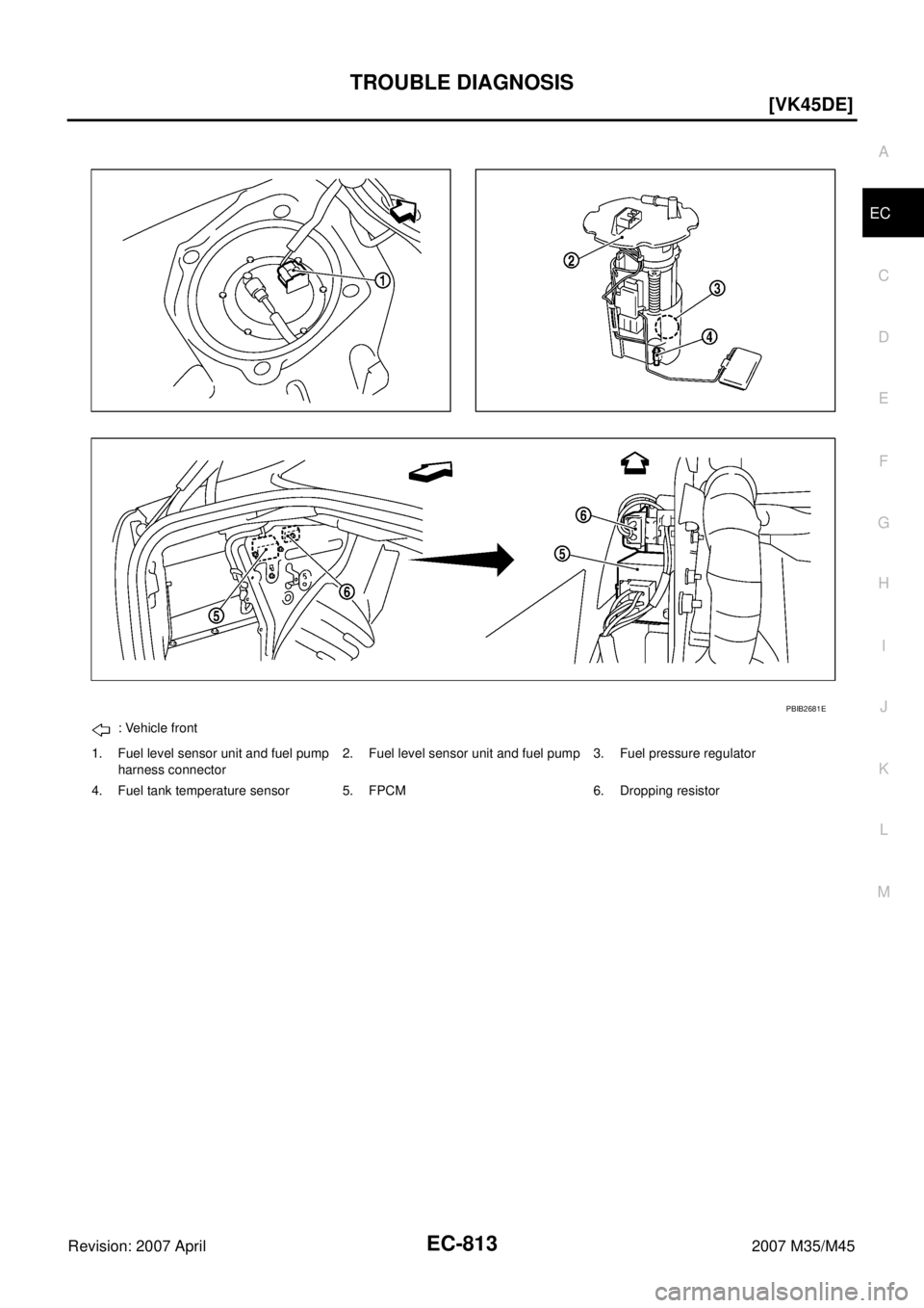 INFINITI M35 2007  Factory Service Manual TROUBLE DIAGNOSIS
EC-813
[VK45DE]
C
D
E
F
G
H
I
J
K
L
MA
EC
Revision: 2007 April2007 M35/M45
: Vehicle front
1. Fuel level sensor unit and fuel pump 
harness connector2. Fuel level sensor unit and fue