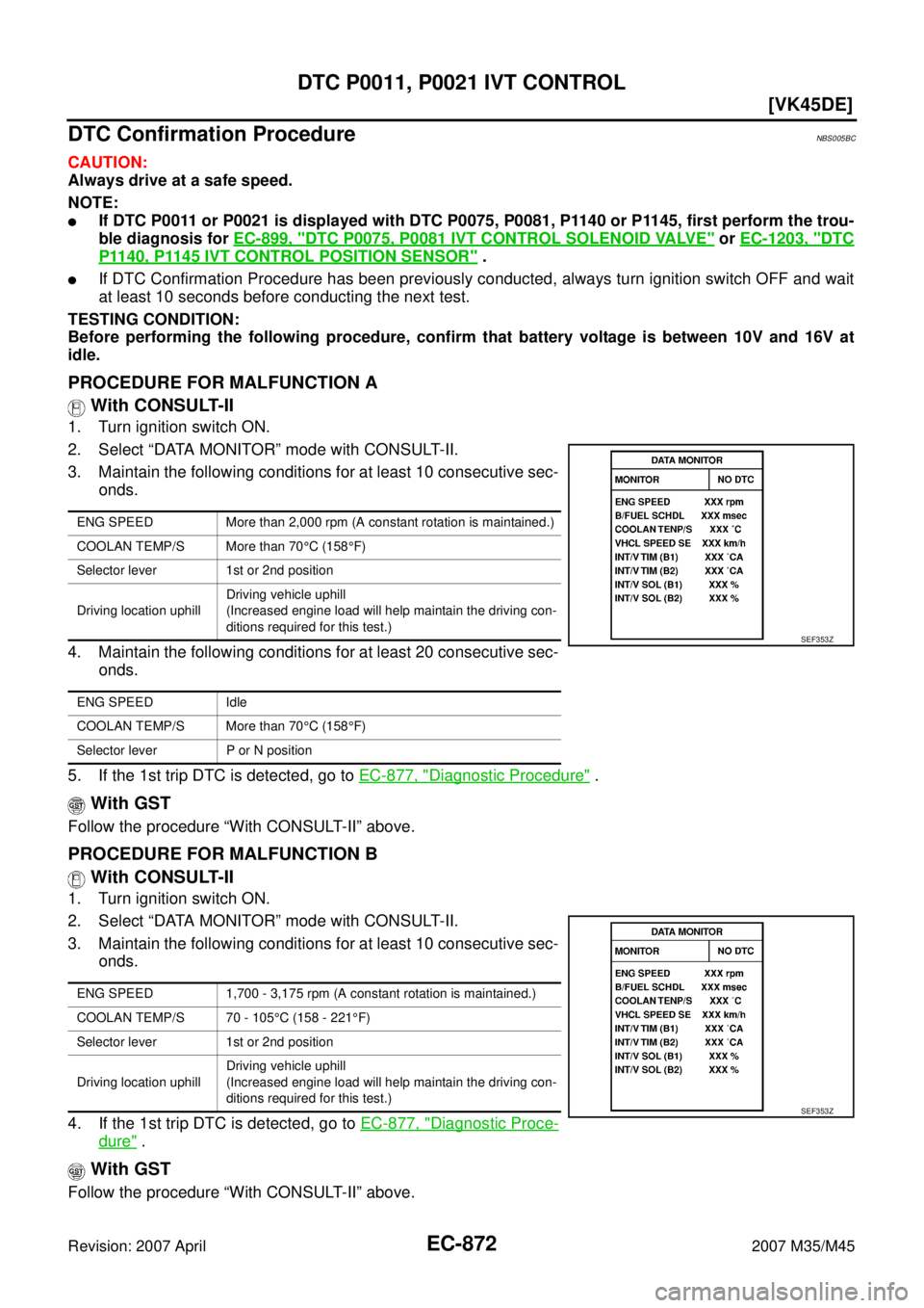 INFINITI M35 2007  Factory Service Manual EC-872
[VK45DE]
DTC P0011, P0021 IVT CONTROL
Revision: 2007 April2007 M35/M45
DTC Confirmation ProcedureNBS005BC
CAUTION:
Always drive at a safe speed.
NOTE:
If DTC P0011 or P0021 is displayed with D