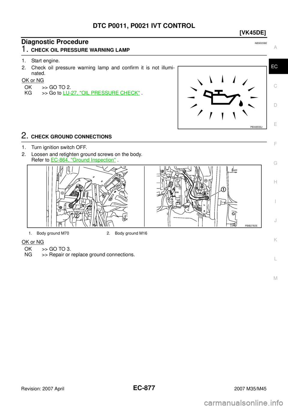 INFINITI M35 2007  Factory Service Manual DTC P0011, P0021 IVT CONTROL
EC-877
[VK45DE]
C
D
E
F
G
H
I
J
K
L
MA
EC
Revision: 2007 April2007 M35/M45
Diagnostic ProcedureNBS005BE
1. CHECK OIL PRESSURE WARNING LAMP
1. Start engine.
2. Check oil pr