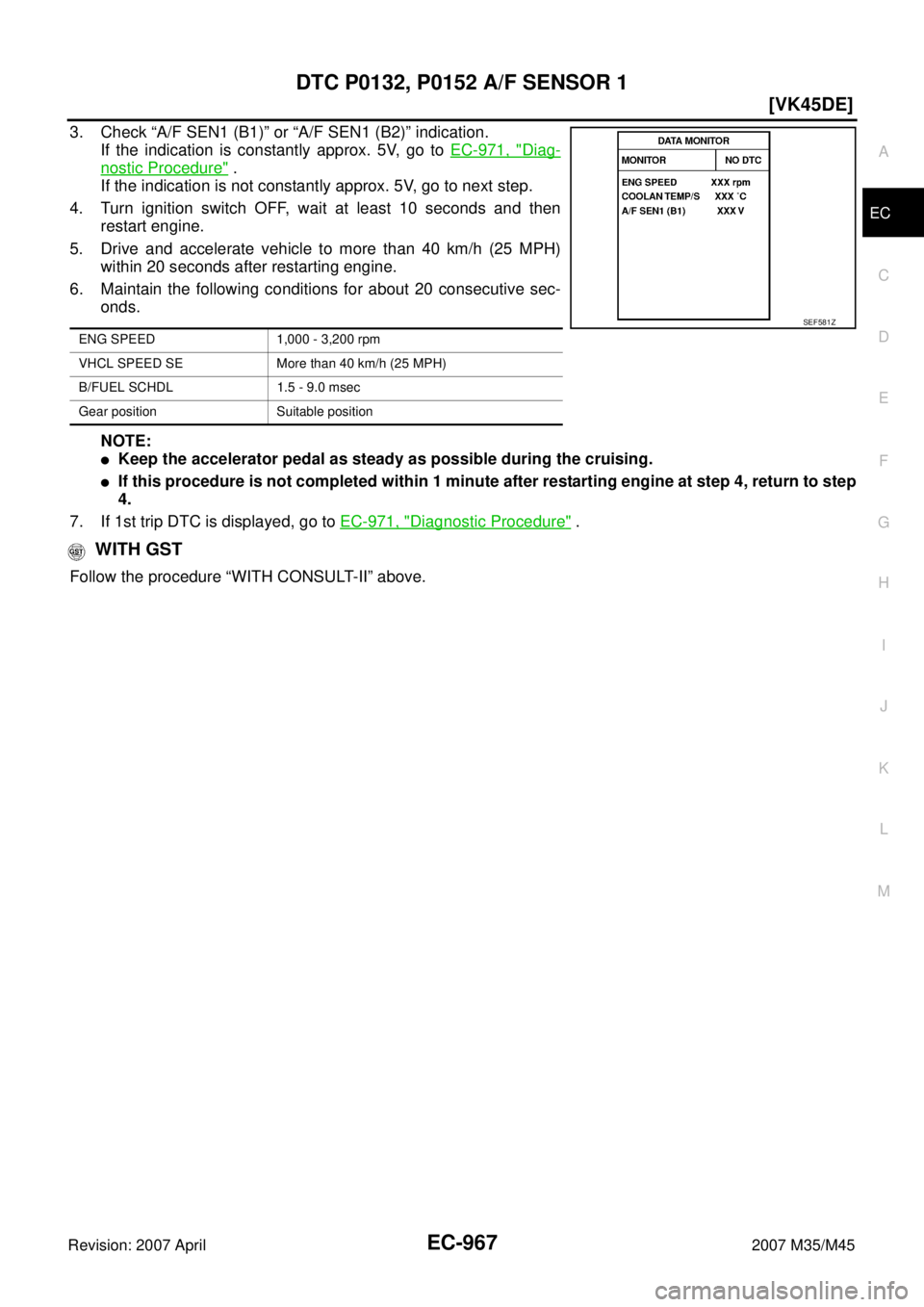 INFINITI M35 2007  Factory Service Manual DTC P0132, P0152 A/F SENSOR 1
EC-967
[VK45DE]
C
D
E
F
G
H
I
J
K
L
MA
EC
Revision: 2007 April2007 M35/M45
3. Check “A/F SEN1 (B1)” or “A/F SEN1 (B2)” indication.
If the indication is constantly