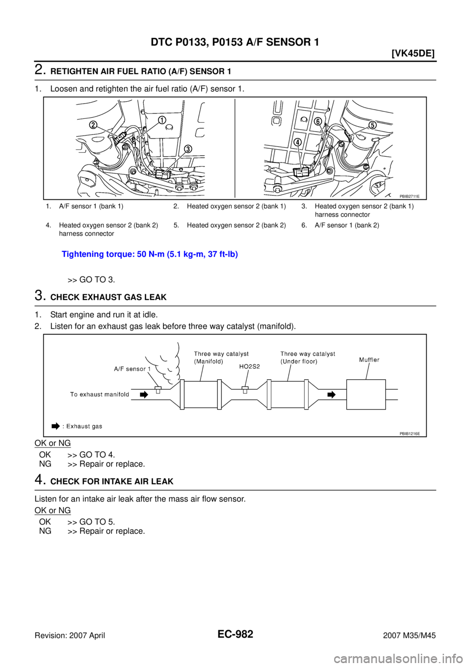 INFINITI M35 2007  Factory Service Manual EC-982
[VK45DE]
DTC P0133, P0153 A/F SENSOR 1
Revision: 2007 April2007 M35/M45
2. RETIGHTEN AIR FUEL RATIO (A/F) SENSOR 1
1. Loosen and retighten the air fuel ratio (A/F) sensor 1.
>> GO TO 3.
3. CHEC
