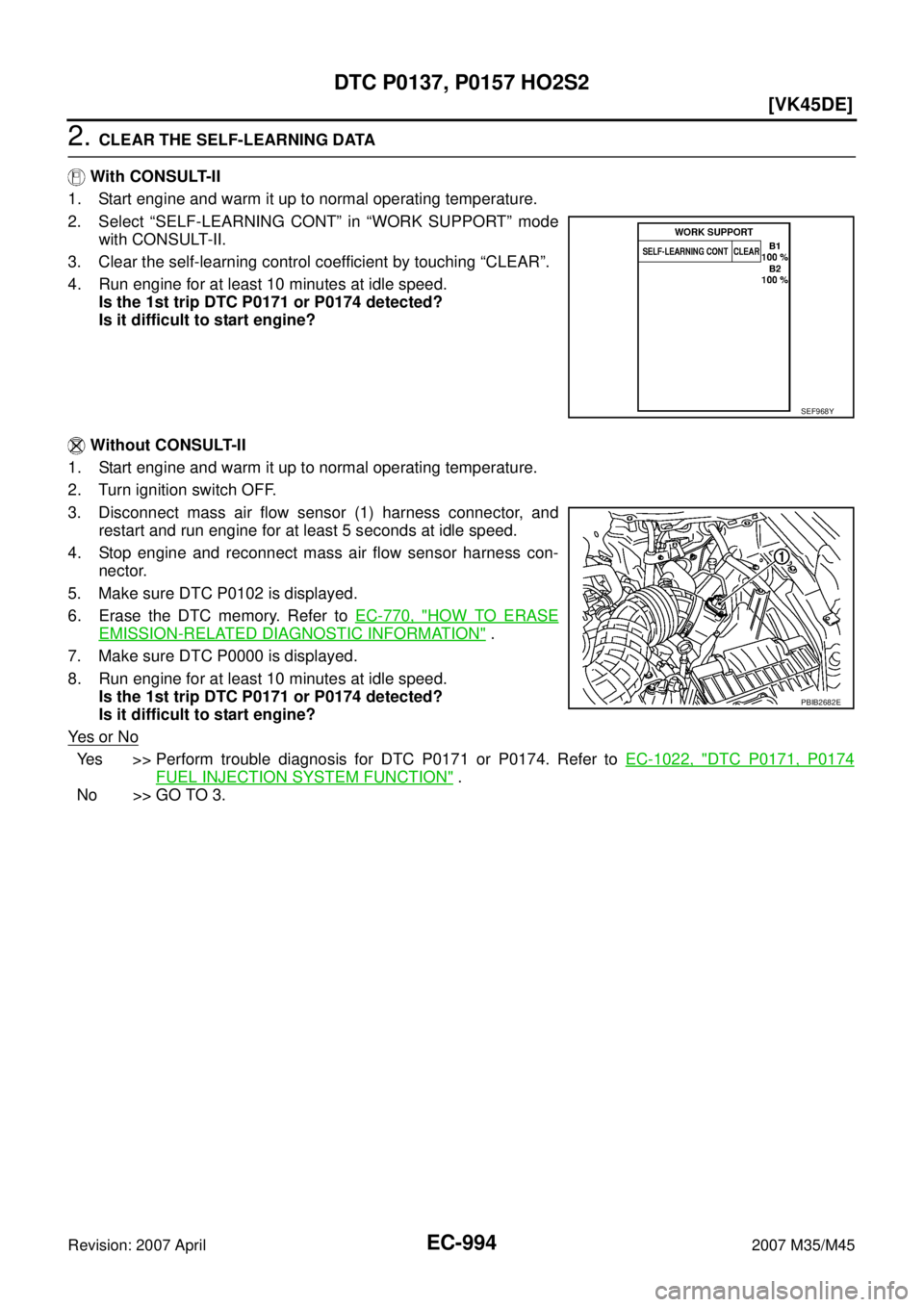 INFINITI M35 2007  Factory Service Manual EC-994
[VK45DE]
DTC P0137, P0157 HO2S2
Revision: 2007 April2007 M35/M45
2. CLEAR THE SELF-LEARNING DATA
 With CONSULT-II
1. Start engine and warm it up to normal operating temperature.
2. Select “SE