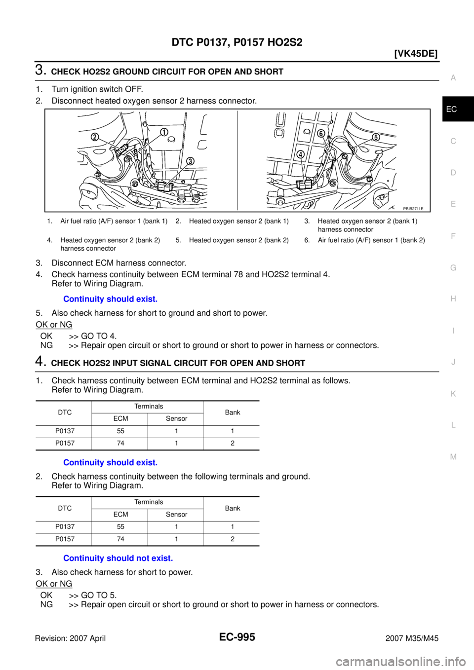 INFINITI M35 2007  Factory Service Manual DTC P0137, P0157 HO2S2
EC-995
[VK45DE]
C
D
E
F
G
H
I
J
K
L
MA
EC
Revision: 2007 April2007 M35/M45
3. CHECK HO2S2 GROUND CIRCUIT FOR OPEN AND SHORT
1. Turn ignition switch OFF.
2. Disconnect heated oxy
