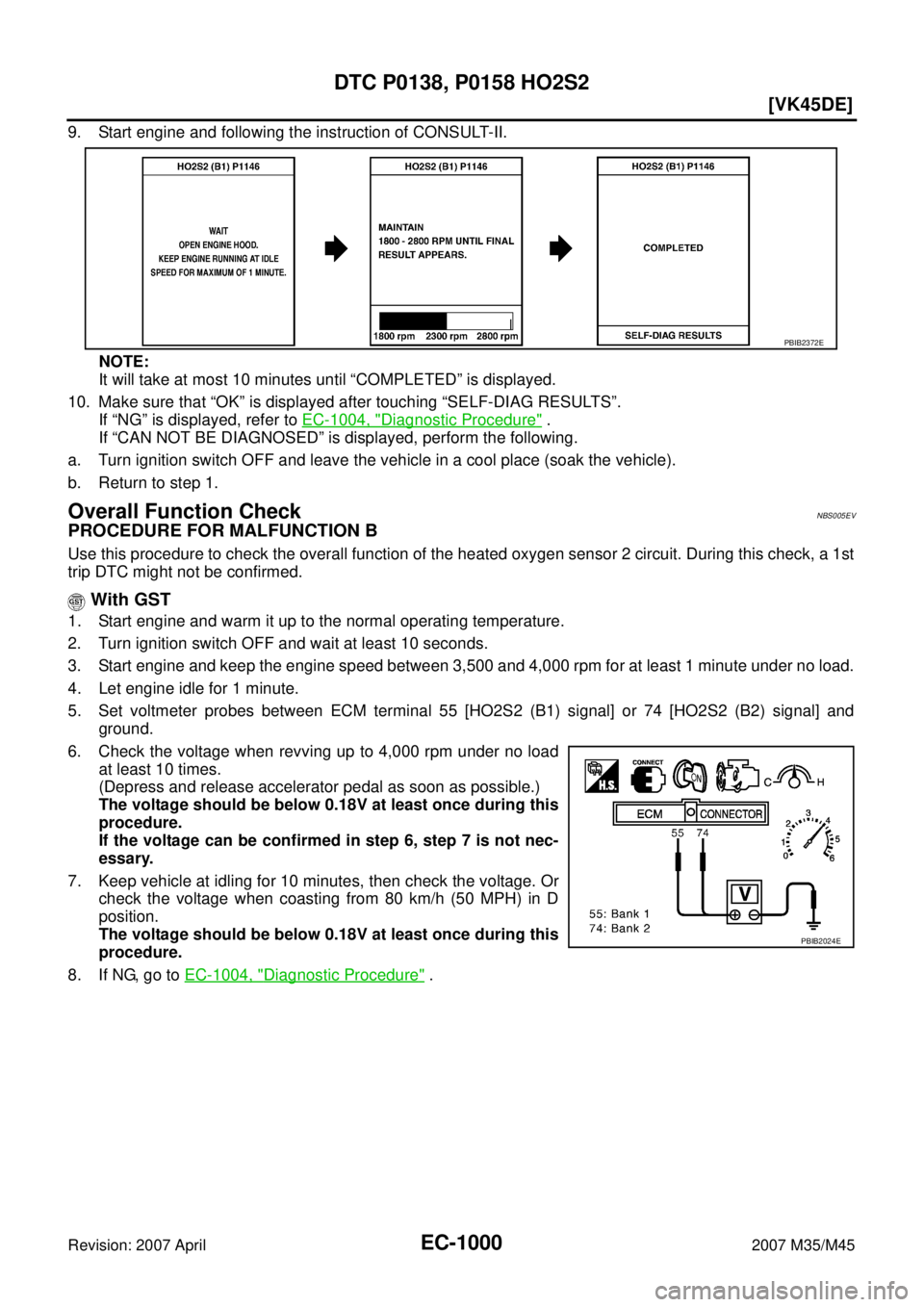 INFINITI M35 2007  Factory Service Manual EC-1000
[VK45DE]
DTC P0138, P0158 HO2S2
Revision: 2007 April2007 M35/M45
9. Start engine and following the instruction of CONSULT-II.
NOTE:
It will take at most 10 minutes until “COMPLETED” is dis