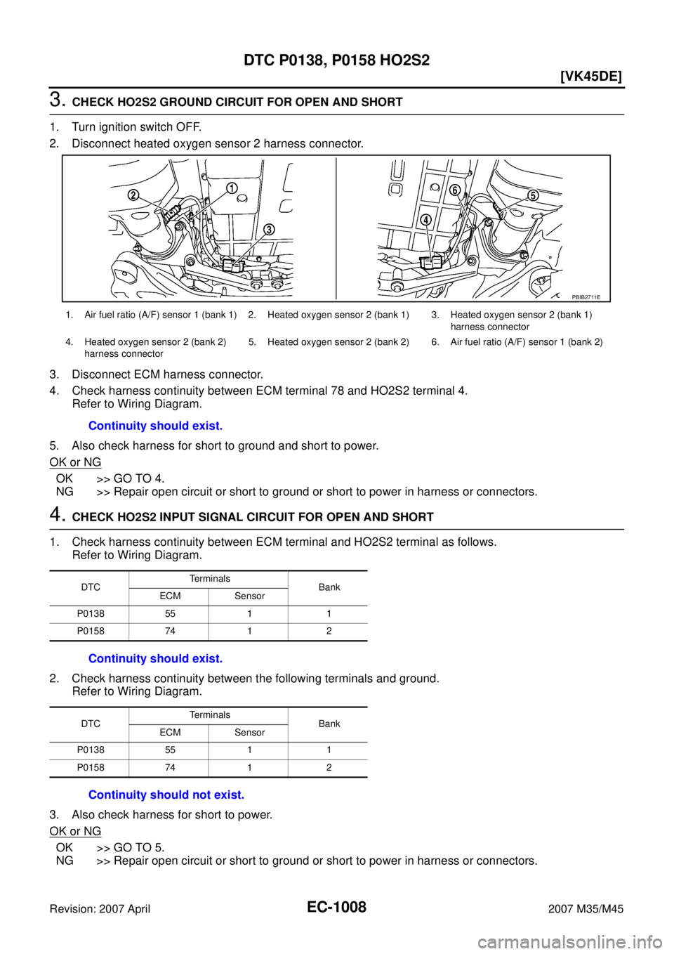 INFINITI M35 2007  Factory Service Manual EC-1008
[VK45DE]
DTC P0138, P0158 HO2S2
Revision: 2007 April2007 M35/M45
3. CHECK HO2S2 GROUND CIRCUIT FOR OPEN AND SHORT
1. Turn ignition switch OFF.
2. Disconnect heated oxygen sensor 2 harness conn