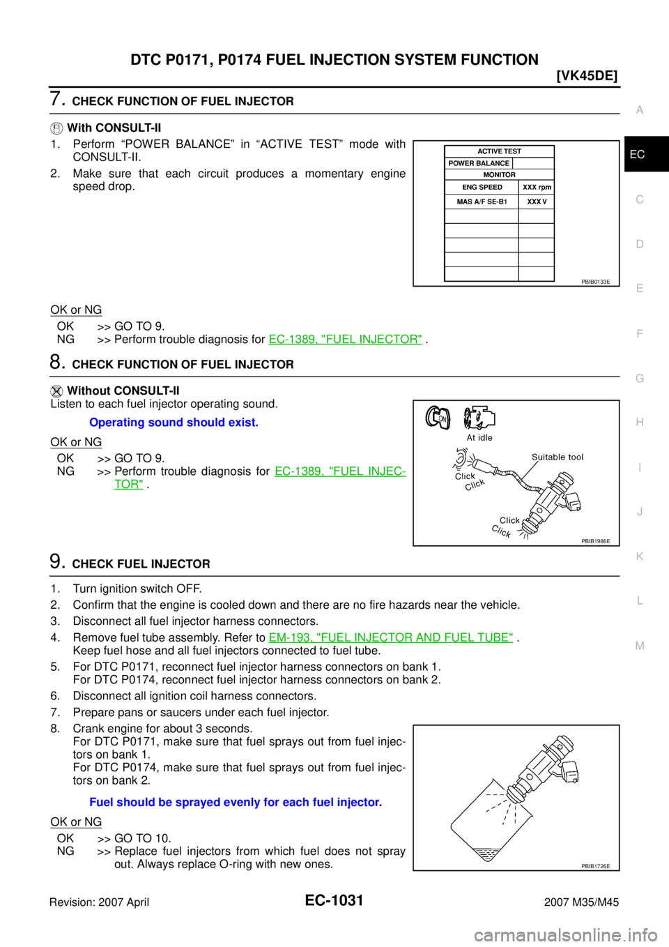 INFINITI M35 2007  Factory Service Manual DTC P0171, P0174 FUEL INJECTION SYSTEM FUNCTION
EC-1031
[VK45DE]
C
D
E
F
G
H
I
J
K
L
MA
EC
Revision: 2007 April2007 M35/M45
7. CHECK FUNCTION OF FUEL INJECTOR
 With CONSULT-II
1. Perform “POWER BALA