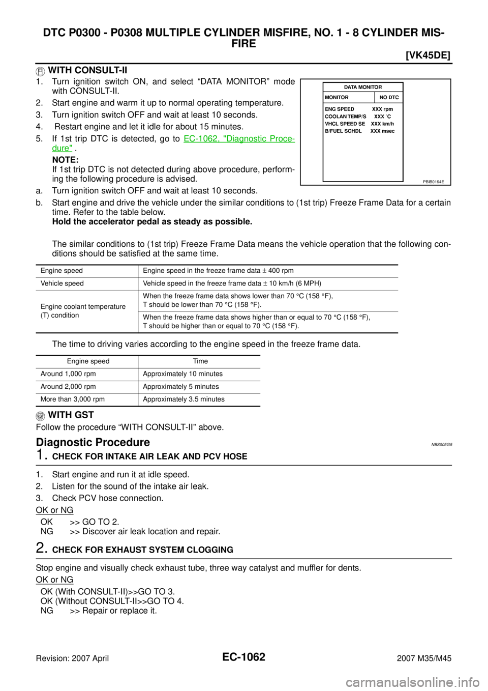 INFINITI M35 2007  Factory Service Manual EC-1062
[VK45DE]
DTC P0300 - P0308 MULTIPLE CYLINDER MISFIRE, NO. 1 - 8 CYLINDER MIS-
FIRE
Revision: 2007 April2007 M35/M45
 WITH CONSULT-II
1. Turn ignition switch ON, and select “DATA MONITOR” m