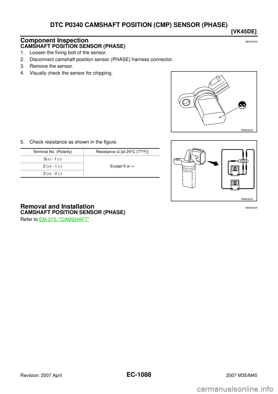 INFINITI M35 2007  Factory Service Manual EC-1088
[VK45DE]
DTC P0340 CAMSHAFT POSITION (CMP) SENSOR (PHASE)
Revision: 2007 April2007 M35/M45
Component InspectionNBS005GQ
CAMSHAFT POSITION SENSOR (PHASE)
1. Loosen the fixing bolt of the sensor