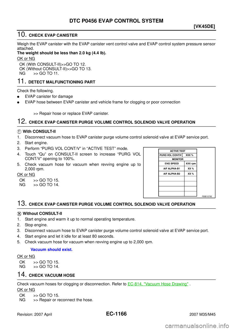 INFINITI M35 2007  Factory Service Manual EC-1166
[VK45DE]
DTC P0456 EVAP CONTROL SYSTEM
Revision: 2007 April2007 M35/M45
10. CHECK EVAP CANISTER
Weigh the EVAP canister with the EVAP canister vent control valve and EVAP control system pressu