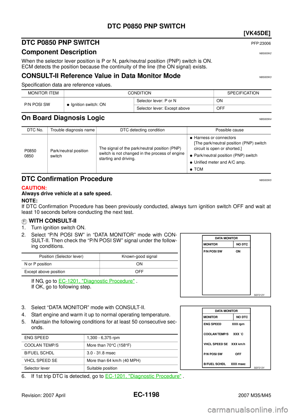 INFINITI M35 2007  Factory Service Manual EC-1198
[VK45DE]
DTC P0850 PNP SWITCH
Revision: 2007 April2007 M35/M45
DTC P0850 PNP SWITCHPFP:23006
Component DescriptionNBS005K2
When the selector lever position is P or N, park/neutral position (PN