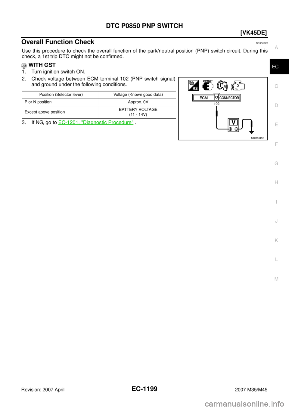 INFINITI M35 2007  Factory Service Manual DTC P0850 PNP SWITCH
EC-1199
[VK45DE]
C
D
E
F
G
H
I
J
K
L
MA
EC
Revision: 2007 April2007 M35/M45
Overall Function CheckNBS005K6
Use this procedure to check the overall function of the park/neutral pos