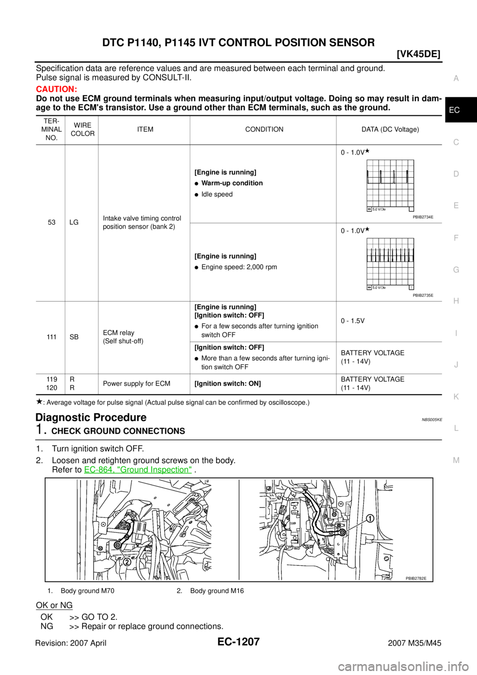 INFINITI M35 2007  Factory Service Manual DTC P1140, P1145 IVT CONTROL POSITION SENSOR
EC-1207
[VK45DE]
C
D
E
F
G
H
I
J
K
L
MA
EC
Revision: 2007 April2007 M35/M45
Specification data are reference values and are measured between each terminal 