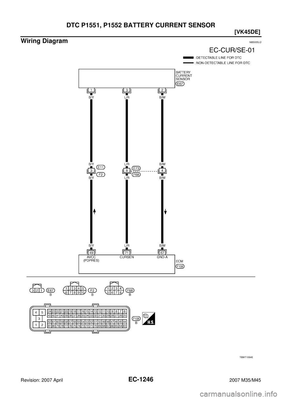 INFINITI M35 2007  Factory Service Manual EC-1246
[VK45DE]
DTC P1551, P1552 BATTERY CURRENT SENSOR
Revision: 2007 April2007 M35/M45
Wiring DiagramNBS005LQ
TBWT1064E 