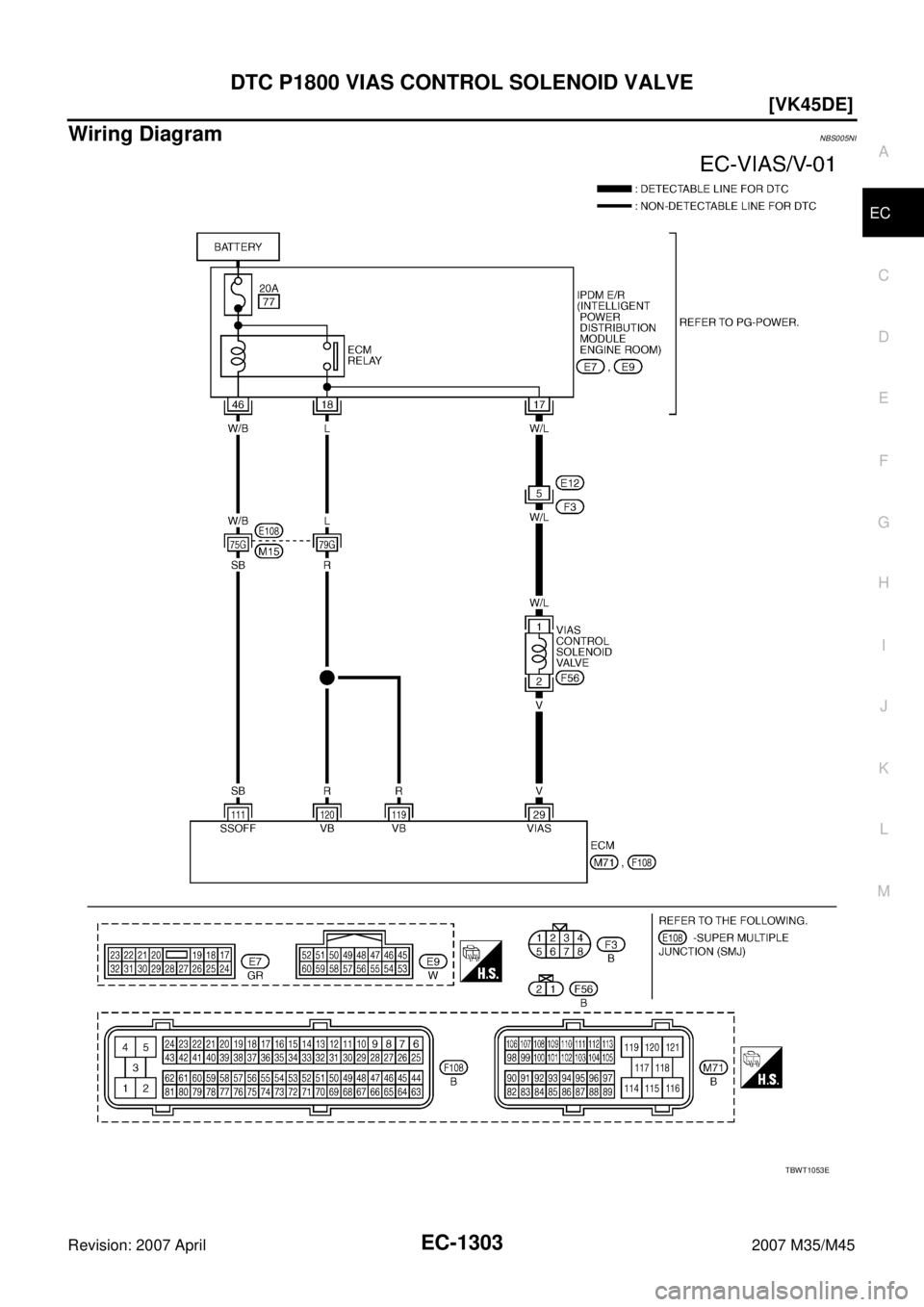 INFINITI M35 2007  Factory Service Manual DTC P1800 VIAS CONTROL SOLENOID VALVE
EC-1303
[VK45DE]
C
D
E
F
G
H
I
J
K
L
MA
EC
Revision: 2007 April2007 M35/M45
Wiring DiagramNBS005NI
TBWT1053E 