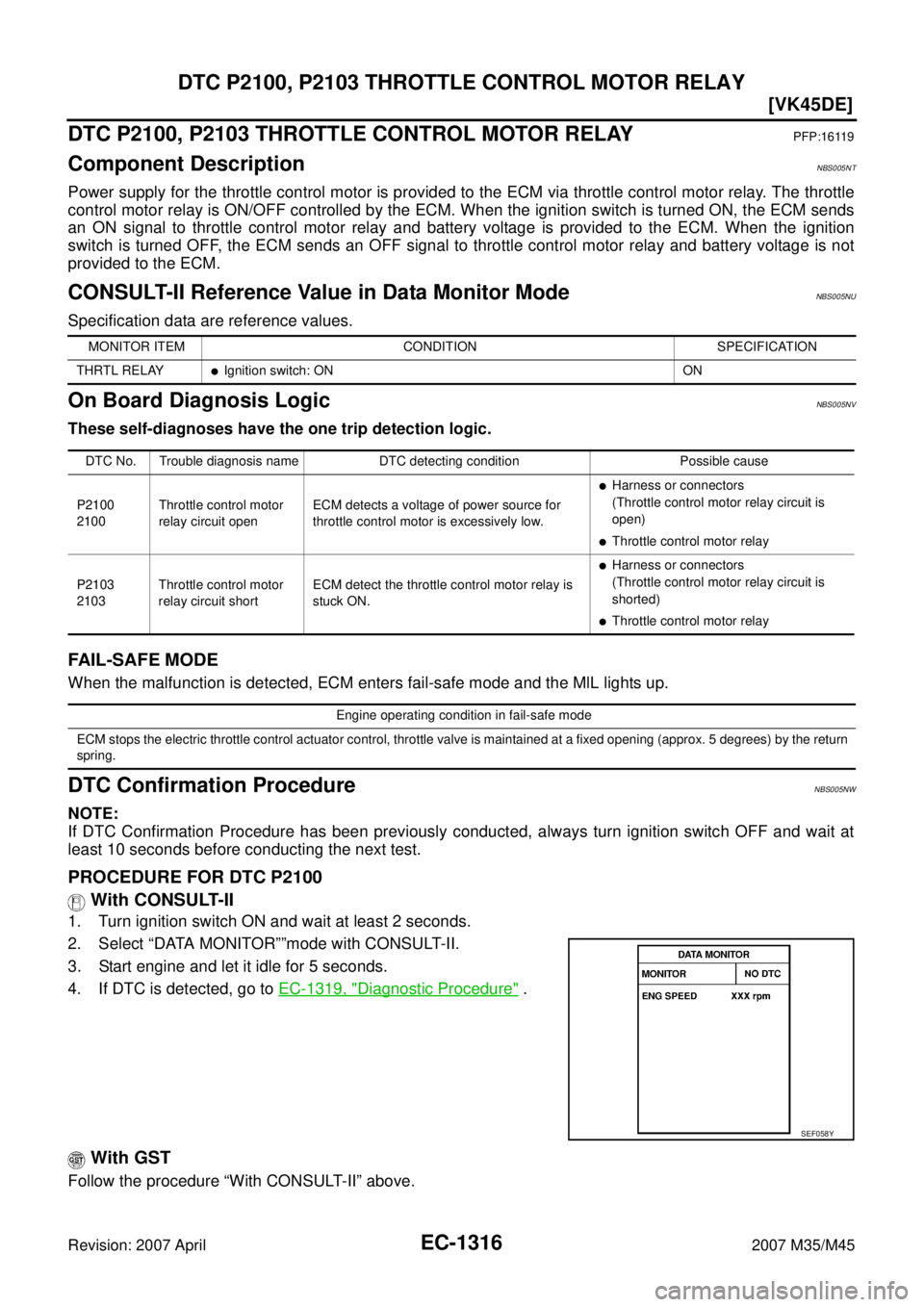 INFINITI M35 2007  Factory Service Manual EC-1316
[VK45DE]
DTC P2100, P2103 THROTTLE CONTROL MOTOR RELAY
Revision: 2007 April2007 M35/M45
DTC P2100, P2103 THROTTLE CONTROL MOTOR RELAYPFP:16119
Component DescriptionNBS005NT
Power supply for th