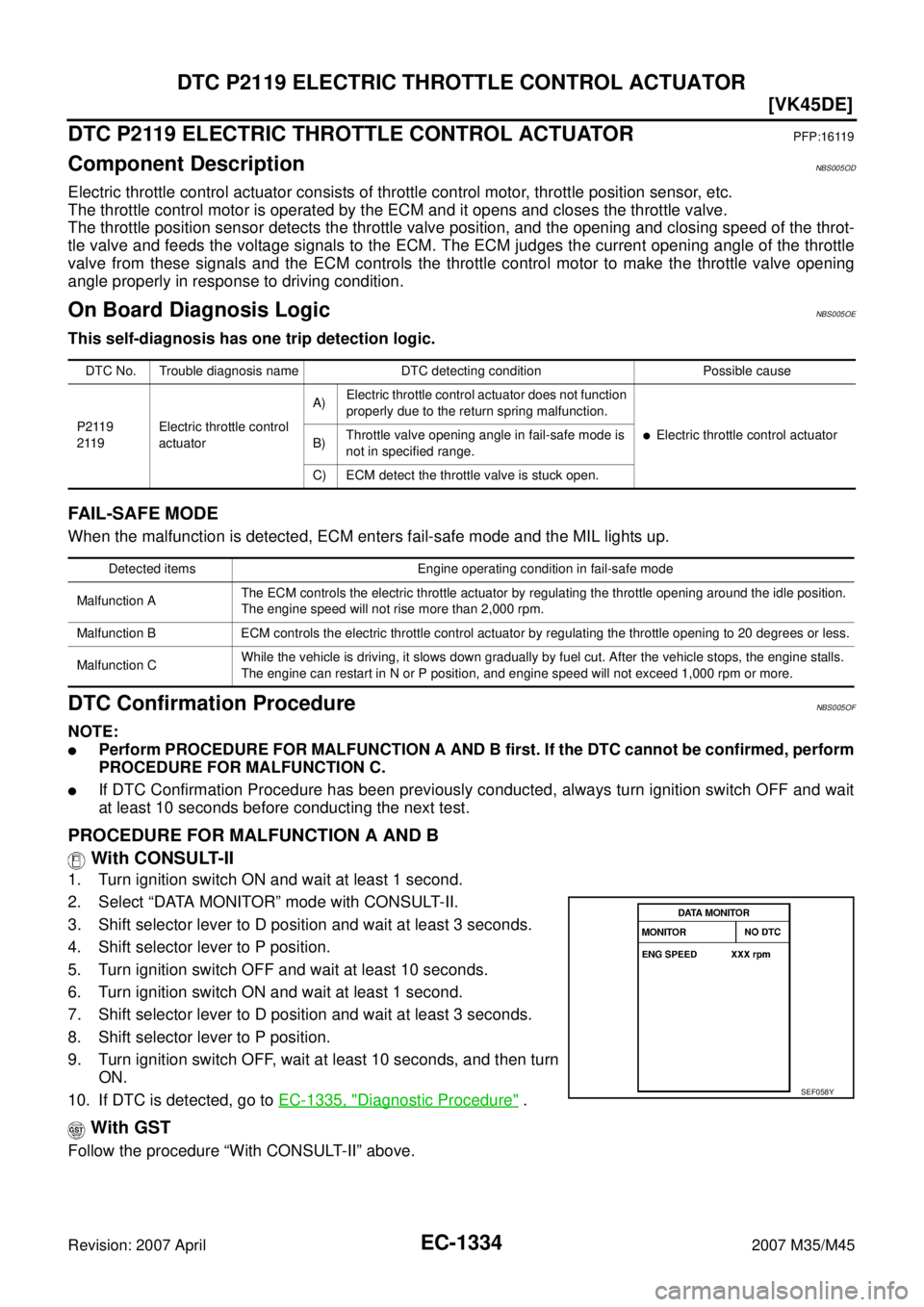 INFINITI M35 2007  Factory Service Manual EC-1334
[VK45DE]
DTC P2119 ELECTRIC THROTTLE CONTROL ACTUATOR
Revision: 2007 April2007 M35/M45
DTC P2119 ELECTRIC THROTTLE CONTROL ACTUATORPFP:16119
Component DescriptionNBS005OD
Electric throttle con