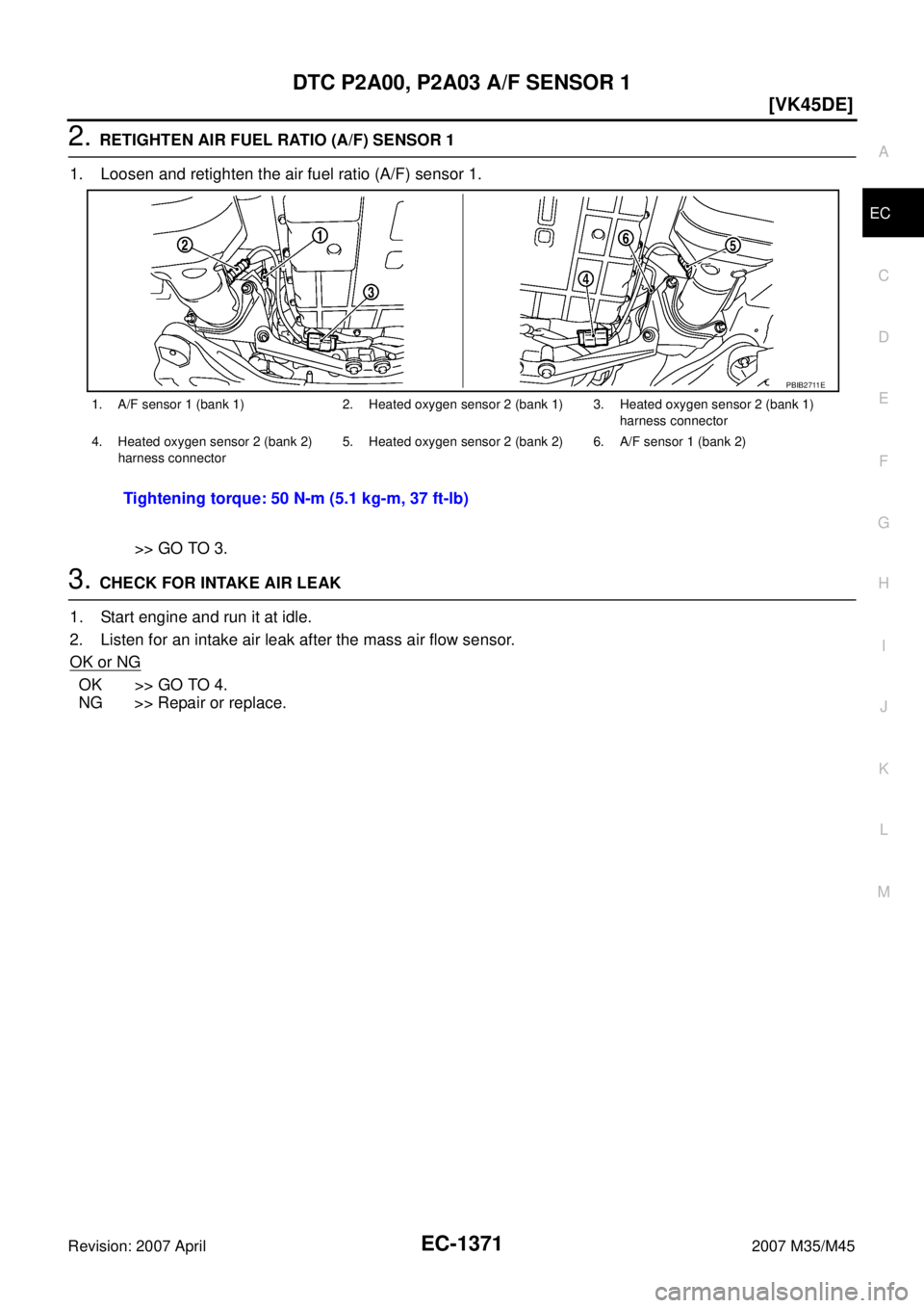 INFINITI M35 2007  Factory Service Manual DTC P2A00, P2A03 A/F SENSOR 1
EC-1371
[VK45DE]
C
D
E
F
G
H
I
J
K
L
MA
EC
Revision: 2007 April2007 M35/M45
2. RETIGHTEN AIR FUEL RATIO (A/F) SENSOR 1
1. Loosen and retighten the air fuel ratio (A/F) se