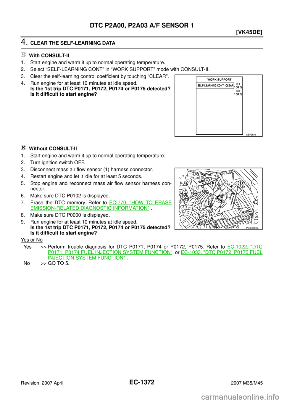 INFINITI M35 2007  Factory Service Manual EC-1372
[VK45DE]
DTC P2A00, P2A03 A/F SENSOR 1
Revision: 2007 April2007 M35/M45
4. CLEAR THE SELF-LEARNING DATA
 With CONSULT-II
1. Start engine and warm it up to normal operating temperature.
2. Sele