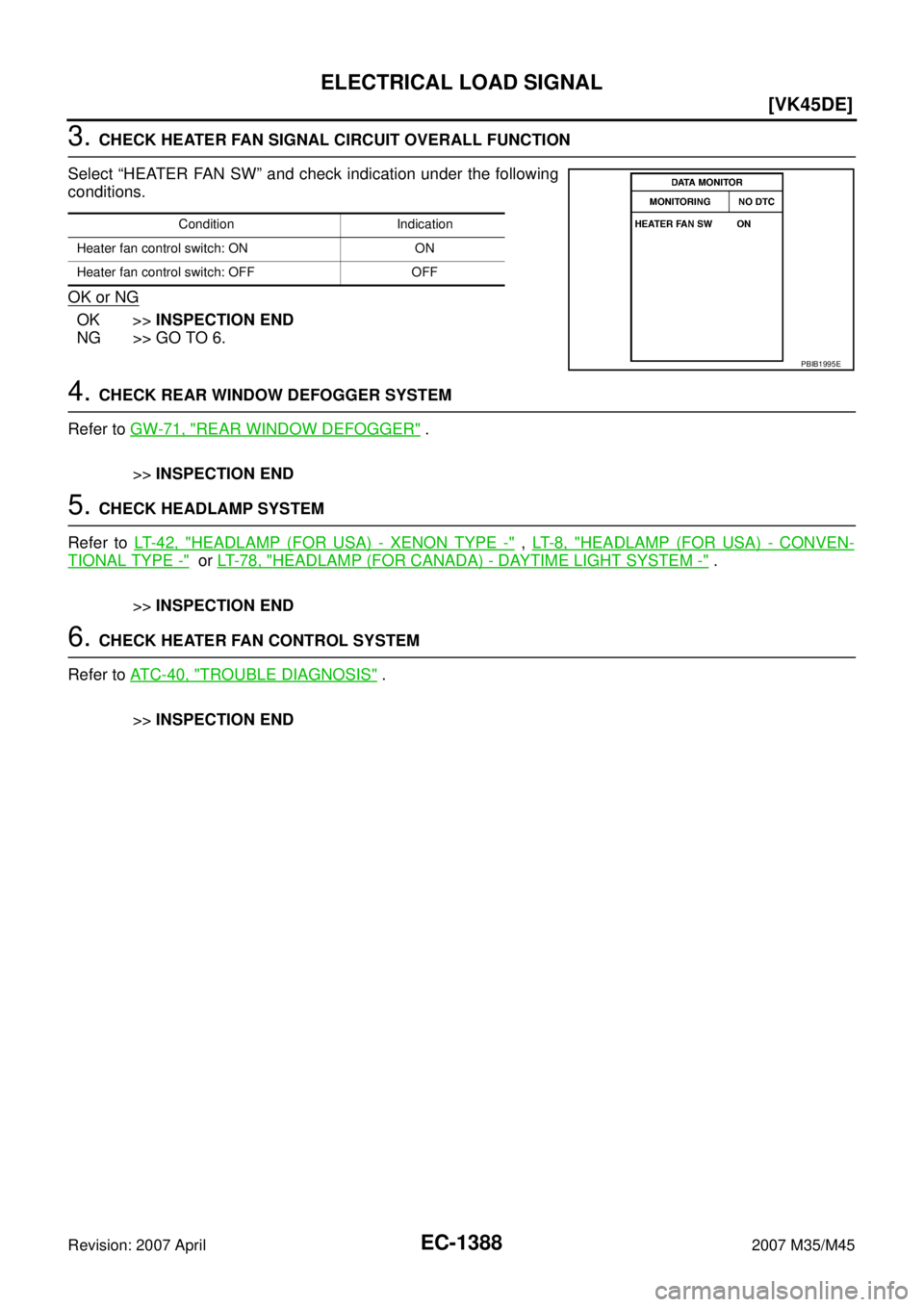 INFINITI M35 2007  Factory Service Manual EC-1388
[VK45DE]
ELECTRICAL LOAD SIGNAL
Revision: 2007 April2007 M35/M45
3. CHECK HEATER FAN SIGNAL CIRCUIT OVERALL FUNCTION
Select “HEATER FAN SW” and check indication under the following
conditi