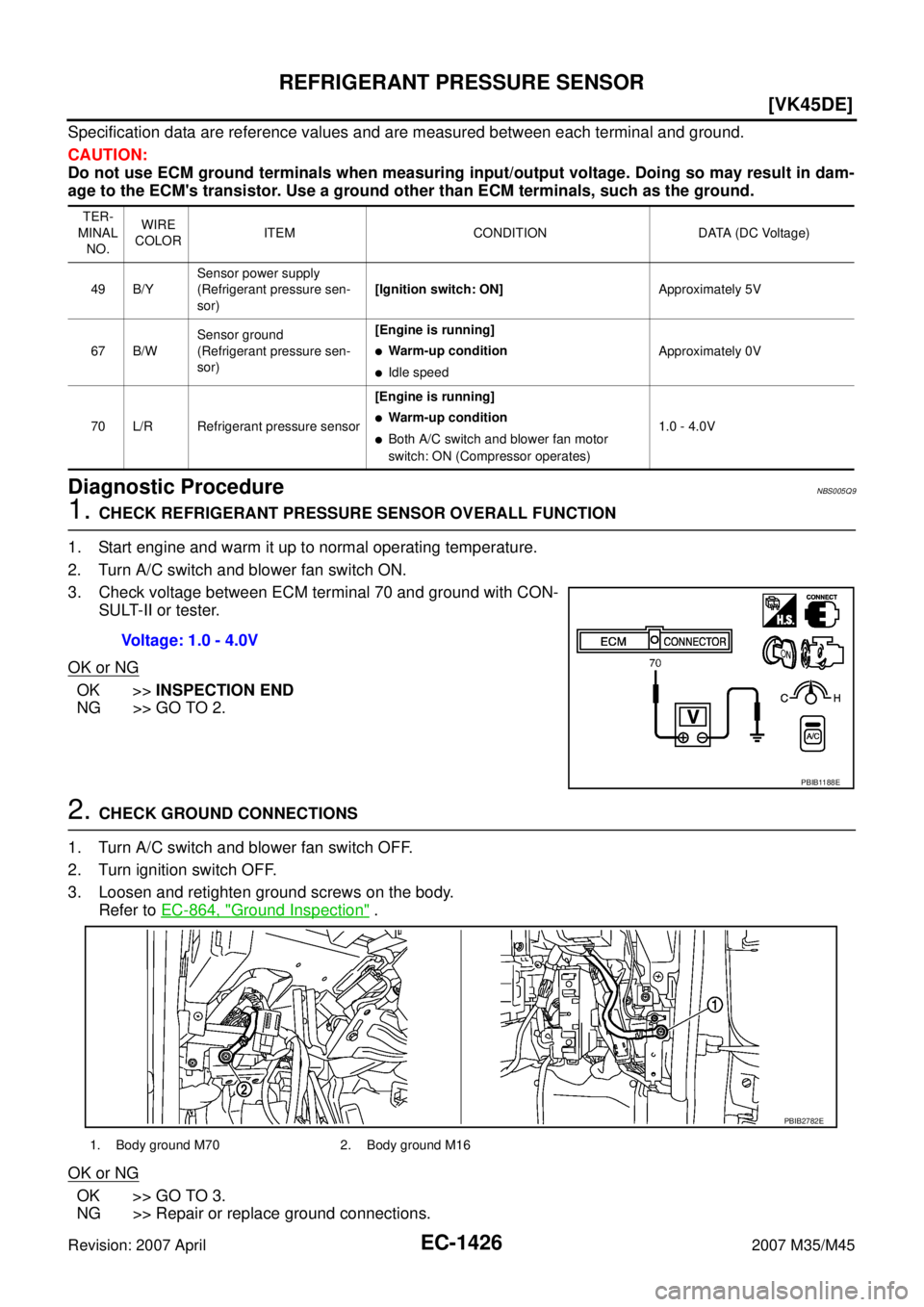 INFINITI M35 2007  Factory Service Manual EC-1426
[VK45DE]
REFRIGERANT PRESSURE SENSOR
Revision: 2007 April2007 M35/M45
Specification data are reference values and are measured between each terminal and ground.
CAUTION:
Do not use ECM ground 