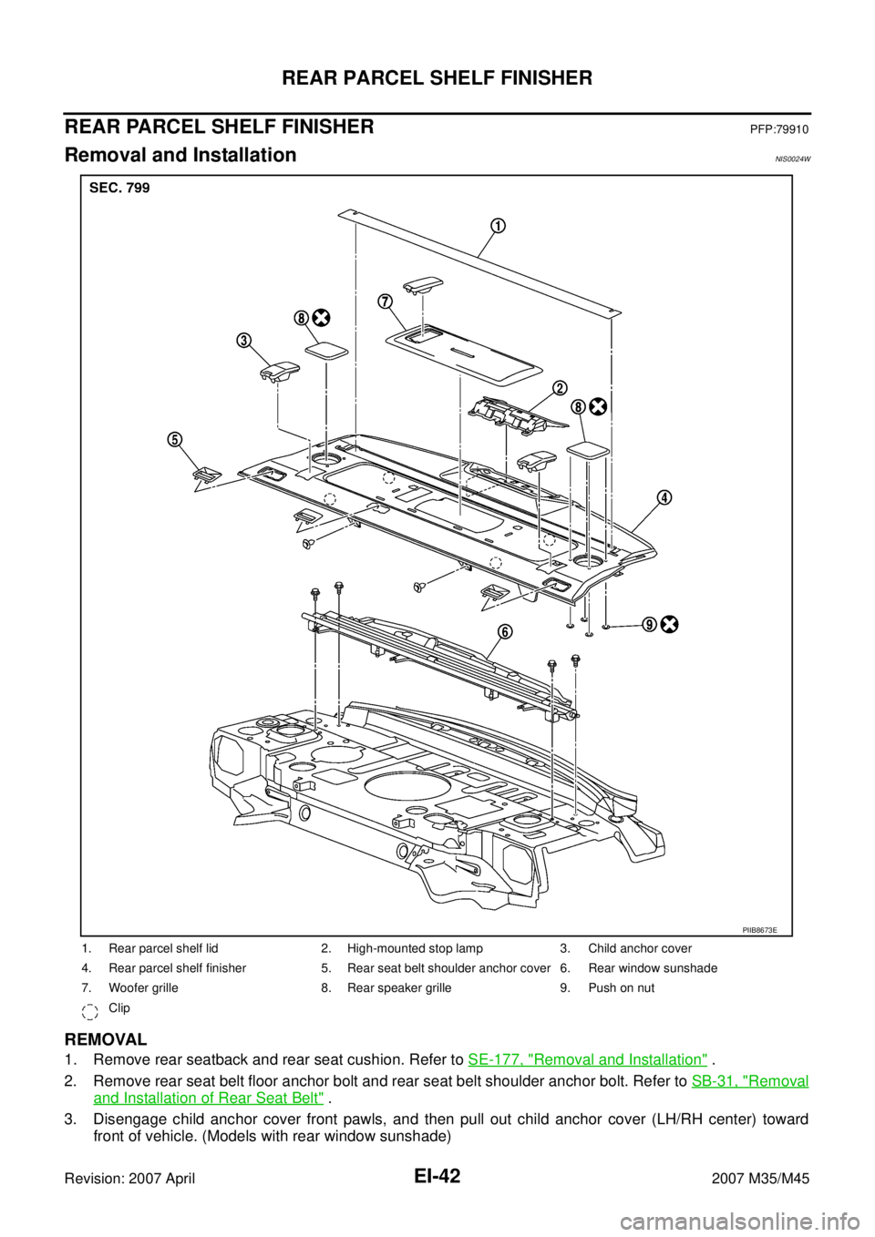 INFINITI M35 2007  Factory Service Manual EI-42
REAR PARCEL SHELF FINISHER
Revision: 2007 April2007 M35/M45
REAR PARCEL SHELF FINISHERPFP:79910
Removal and InstallationNIS0024W
REMOVAL
1. Remove rear seatback and rear seat cushion. Refer to S