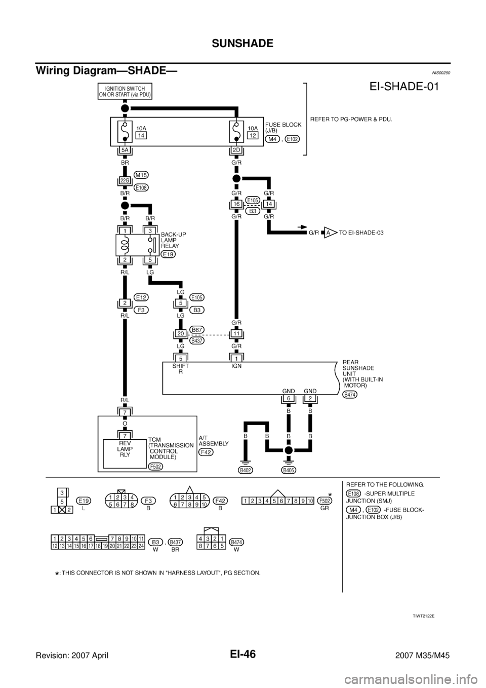 INFINITI M35 2007  Factory Service Manual EI-46
SUNSHADE
Revision: 2007 April2007 M35/M45
Wiring Diagram—SHADE—NIS00250
TIWT2122E 