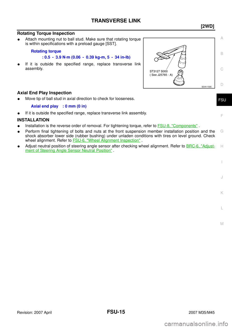 INFINITI M35 2007  Factory Service Manual TRANSVERSE LINK
FSU-15
[2WD]
C
D
F
G
H
I
J
K
L
MA
B
FSU
Revision: 2007 April2007 M35/M45
Rotating Torque Inspection
Attach mounting nut to ball stud. Make sure that rotating torque
is within specific
