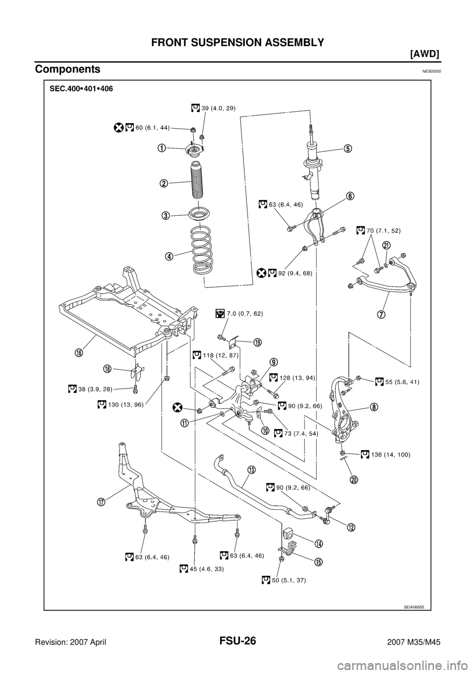 INFINITI M35 2007  Factory Service Manual FSU-26
[AWD]
FRONT SUSPENSION ASSEMBLY
Revision: 2007 April2007 M35/M45
ComponentsNES000IS
SEIA0665E 