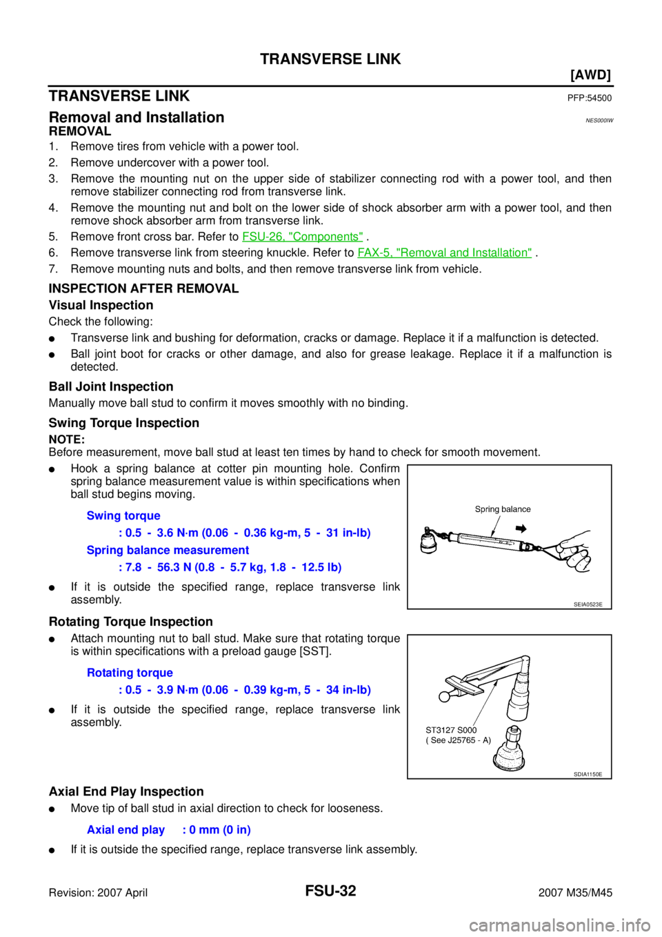 INFINITI M35 2007  Factory Service Manual FSU-32
[AWD]
TRANSVERSE LINK
Revision: 2007 April2007 M35/M45
TRANSVERSE LINKPFP:54500
Removal and InstallationNES000IW
REMOVAL
1. Remove tires from vehicle with a power tool.
2. Remove undercover wit