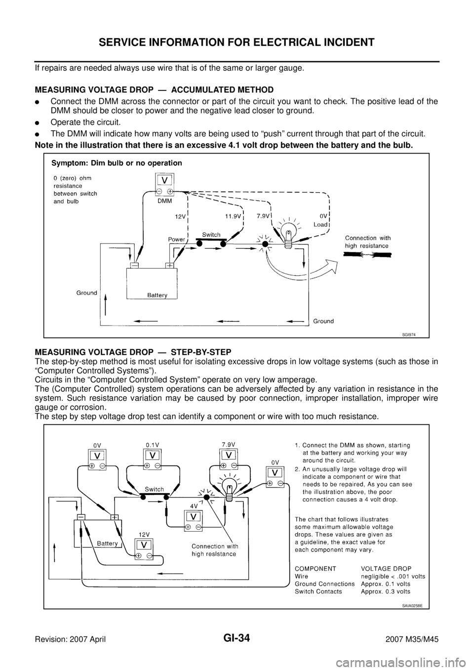 INFINITI M35 2007 Factory Service Manual GI-34
SERVICE INFORMATION FOR ELECTRICAL INCIDENT
Revision: 2007 April2007 M35/M45
If repairs are needed always use wire that is of the same or larger gauge.
MEASURING VOLTAGE DROP — ACCUMULATED M INFINITI M35 2007 Factory Service Manual GI-34
SERVICE INFORMATION FOR ELECTRICAL INCIDENT
Revision: 2007 April2007 M35/M45
If repairs are needed always use wire that is of the same or larger gauge.
MEASURING VOLTAGE DROP — ACCUMULATED M