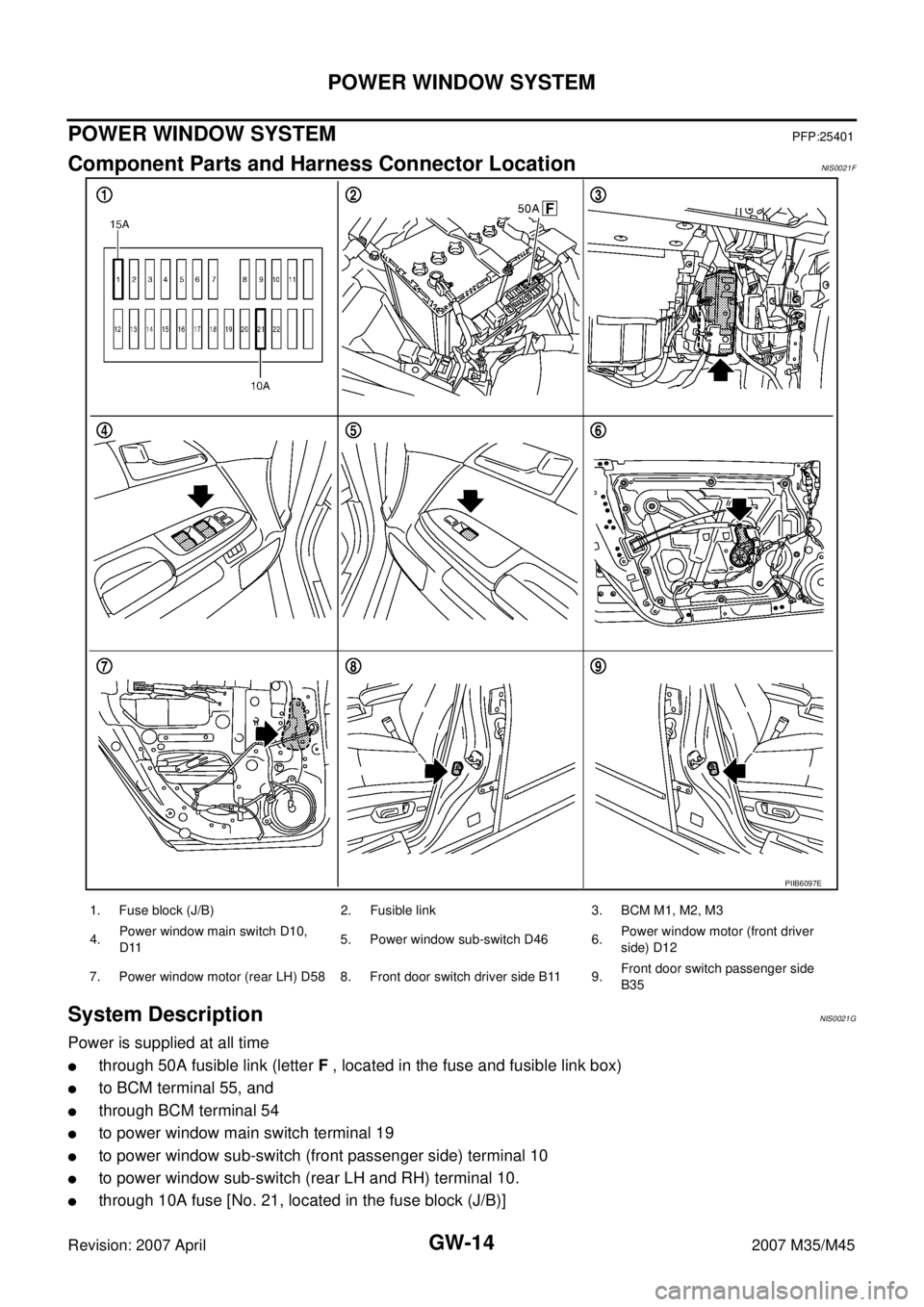 INFINITI M35 2007  Factory Service Manual GW-14
POWER WINDOW SYSTEM
Revision: 2007 April2007 M35/M45
POWER WINDOW SYSTEMPFP:25401
Component Parts and Harness Connector LocationNIS0021F
System DescriptionNIS0021G
Power is supplied at all time
