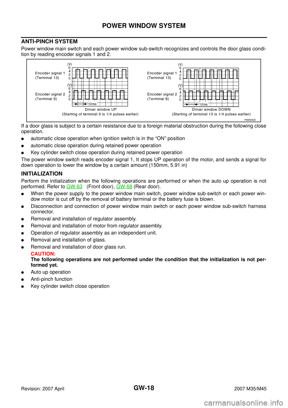 INFINITI M35 2007  Factory Service Manual GW-18
POWER WINDOW SYSTEM
Revision: 2007 April2007 M35/M45
ANTI-PINCH SYSTEM
Power window main switch and each power window sub-switch recognizes and controls the door glass condi-
tion by reading enc