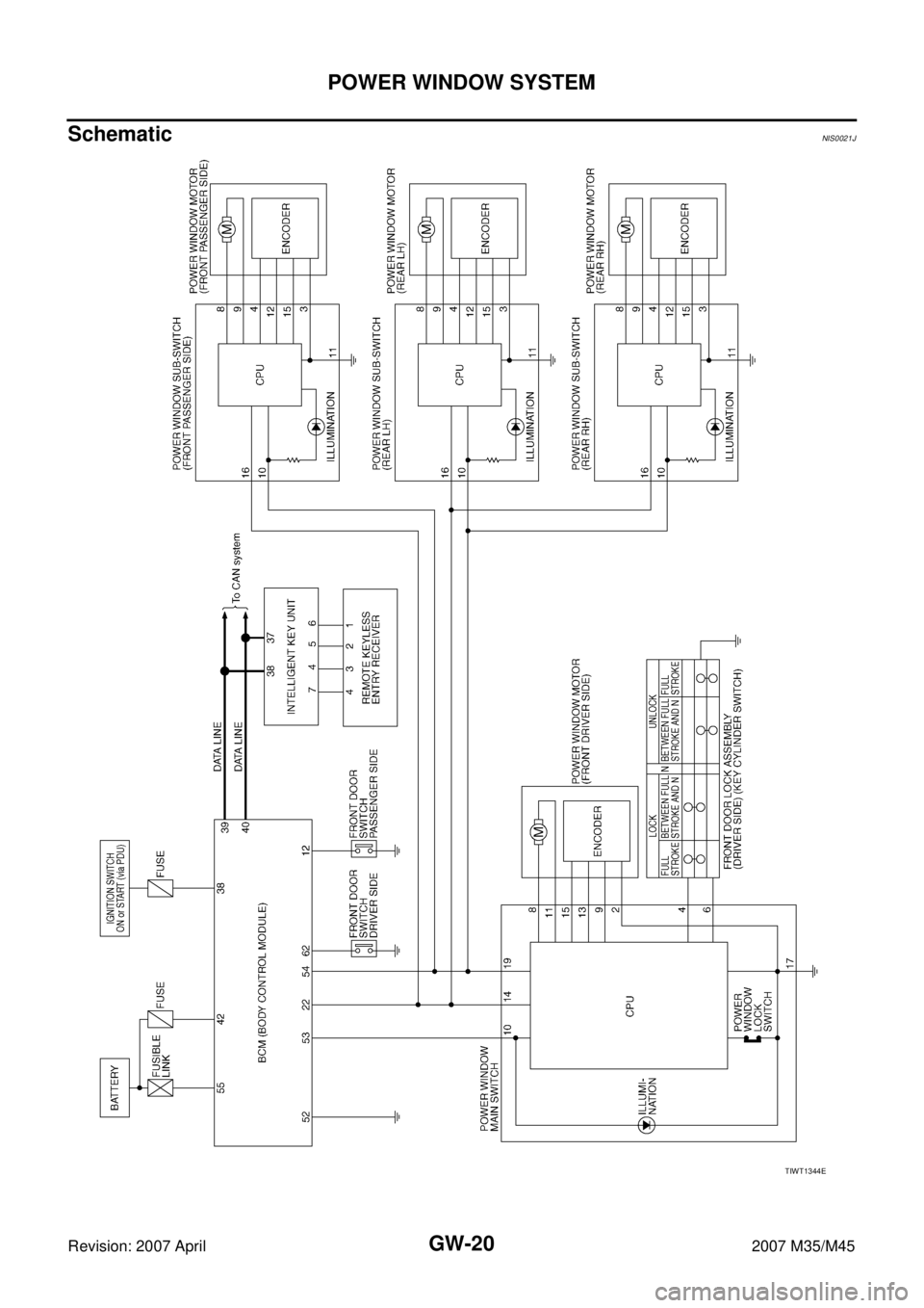 INFINITI M35 2007  Factory Service Manual GW-20
POWER WINDOW SYSTEM
Revision: 2007 April2007 M35/M45
SchematicNIS0021J
TIWT1344E 
