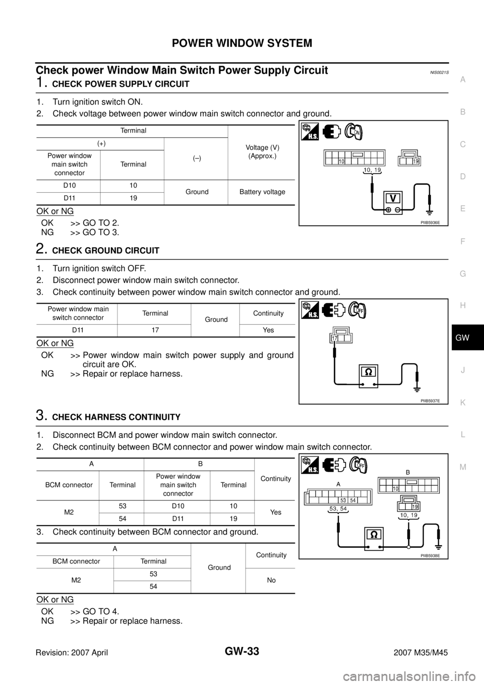 INFINITI M35 2007  Factory Service Manual POWER WINDOW SYSTEM
GW-33
C
D
E
F
G
H
J
K
L
MA
B
GW
Revision: 2007 April2007 M35/M45
Check power Window Main Switch Power Supply Circuit NIS0021S
1. CHECK POWER SUPPLY CIRCUIT 
1. Turn ignition switch
